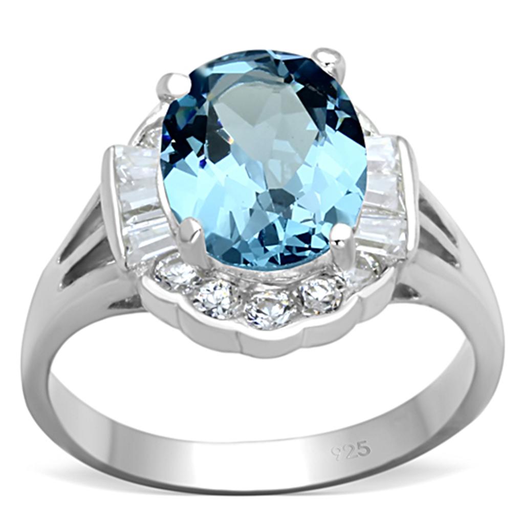 LOS658 Silver 925 Sterling Silver Ring featuring a Sea Blue Synthetic Spinel, showcasing its elegant design and vibrant color.