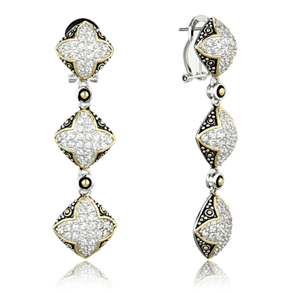 LOS777 Reverse Two-Tone 925 Sterling Silver Earrings featuring AAA Grade CZ stones, showcasing a modern design and elegant finish.
