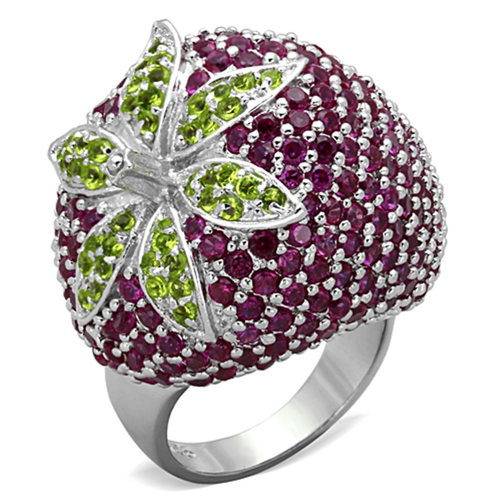 LOS774 Rhodium 925 Sterling Silver Ring featuring AAA Grade multi-color CZ stones, showcasing elegance and shine.