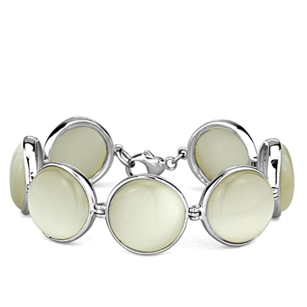 LOS762 High-Polished 925 Sterling Silver Bracelet featuring a white synthetic cat eye stone, showcasing its elegant design and shine.