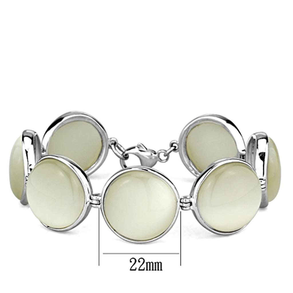 LOS762 High-Polished 925 Sterling Silver Bracelet featuring a white synthetic cat eye stone, showcasing its elegant design and shine.