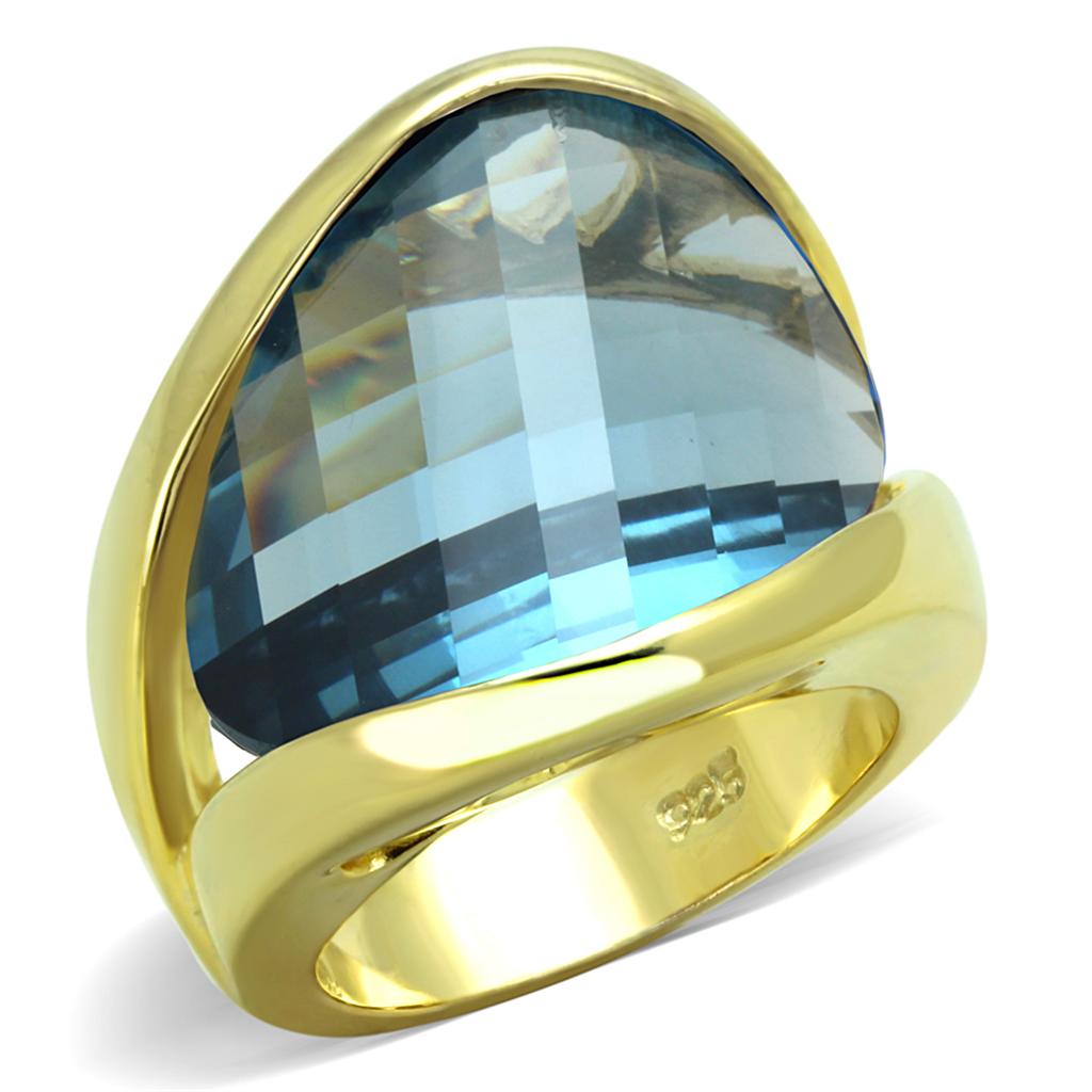 LOS826 Gold 925 Sterling Silver Ring featuring a sea blue synthetic glass stone, elegantly designed with a luxurious gold finish.