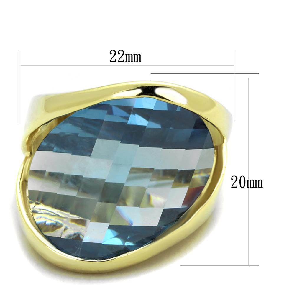 LOS826 Gold 925 Sterling Silver Ring featuring a sea blue synthetic glass stone, elegantly designed with a luxurious gold finish.