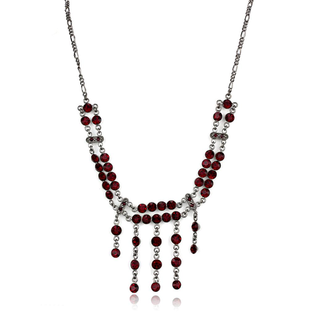 LOS865 Ruthenium 925 Sterling Silver Necklace featuring a vibrant Siam crystal centerpiece, showcasing elegance and craftsmanship.