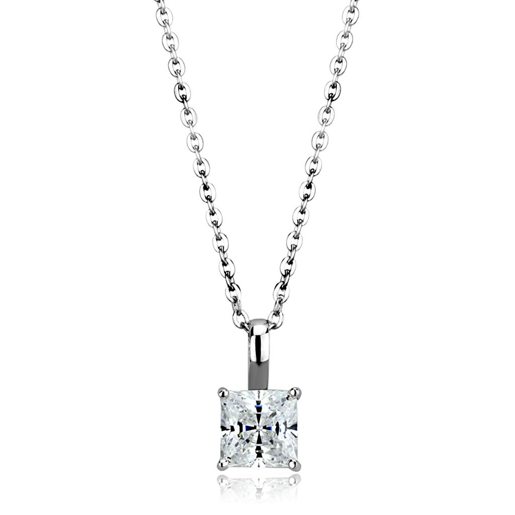 LOS894 Rhodium 925 Sterling Silver Chain Pendant featuring a clear AAA Grade CZ stone, elegantly designed for versatile wear.