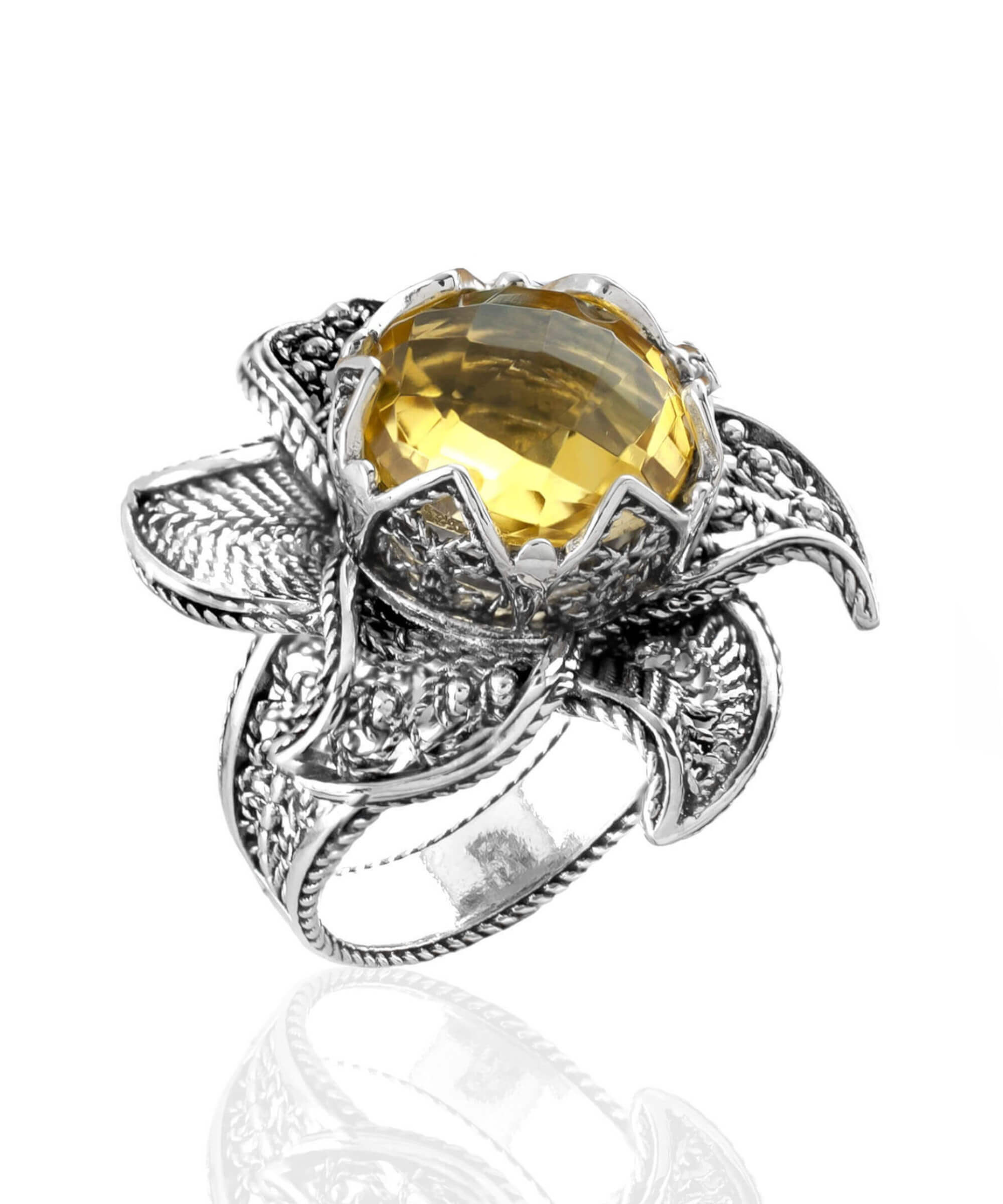 Lotus Flower Citrine Gemstone Women Silver Statement Ring featuring a 12mm citrine stone and intricate filigree design.