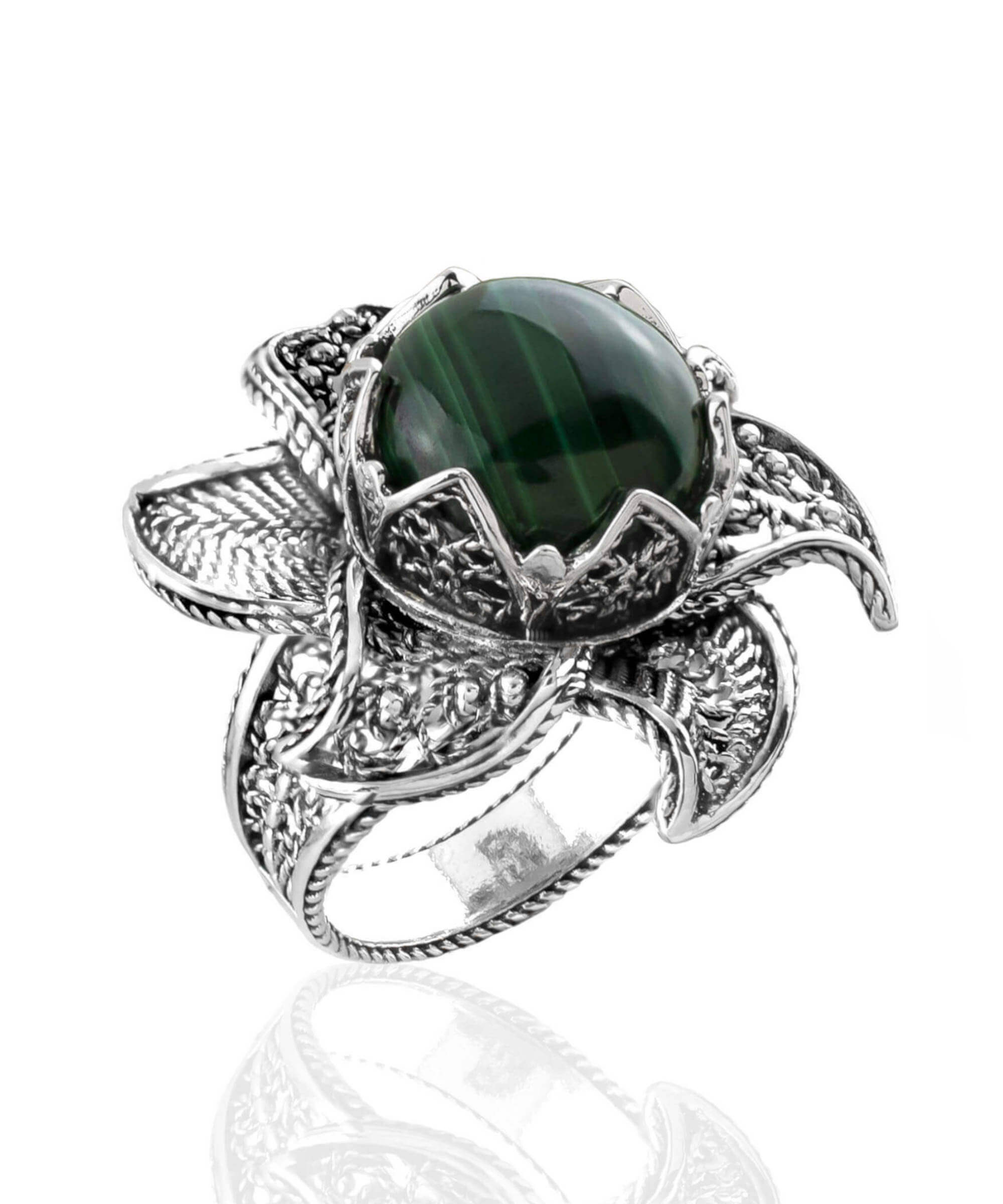 Lotus Flower Malachite Gemstone Silver Statement Ring featuring a 12mm malachite stone and intricate filigree design.