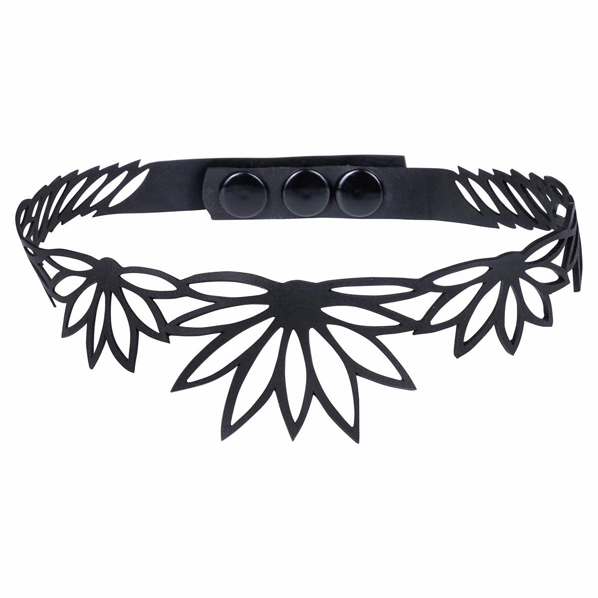 Lotus Recycled Rubber Statement Choker made from reclaimed tyre inner tubes, featuring a unique design and adjustable button closure.