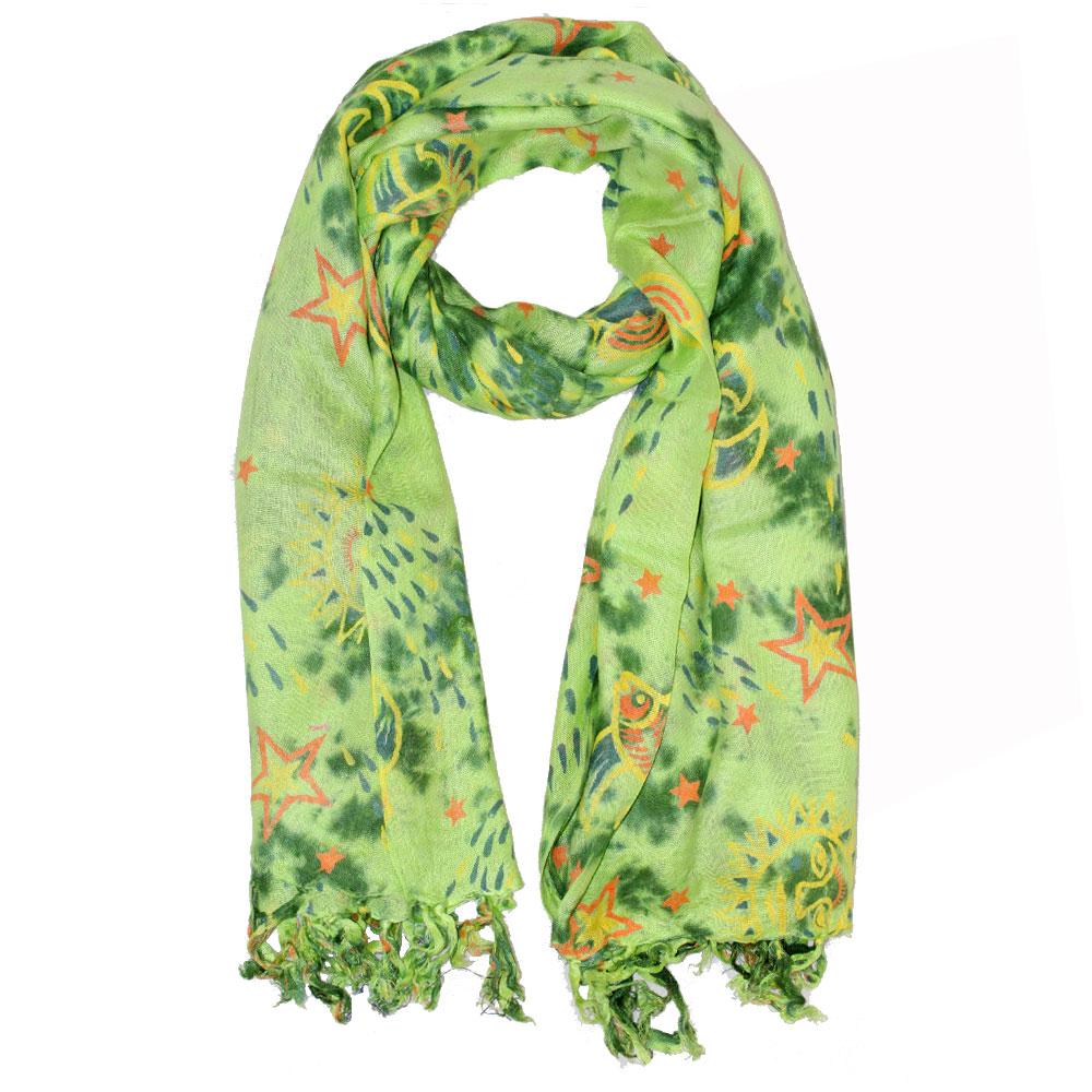 Love The Stars & Sea Green & Yellow Print Sarong Wrap displayed elegantly, showcasing its vibrant colors and unique star and sea-themed design.