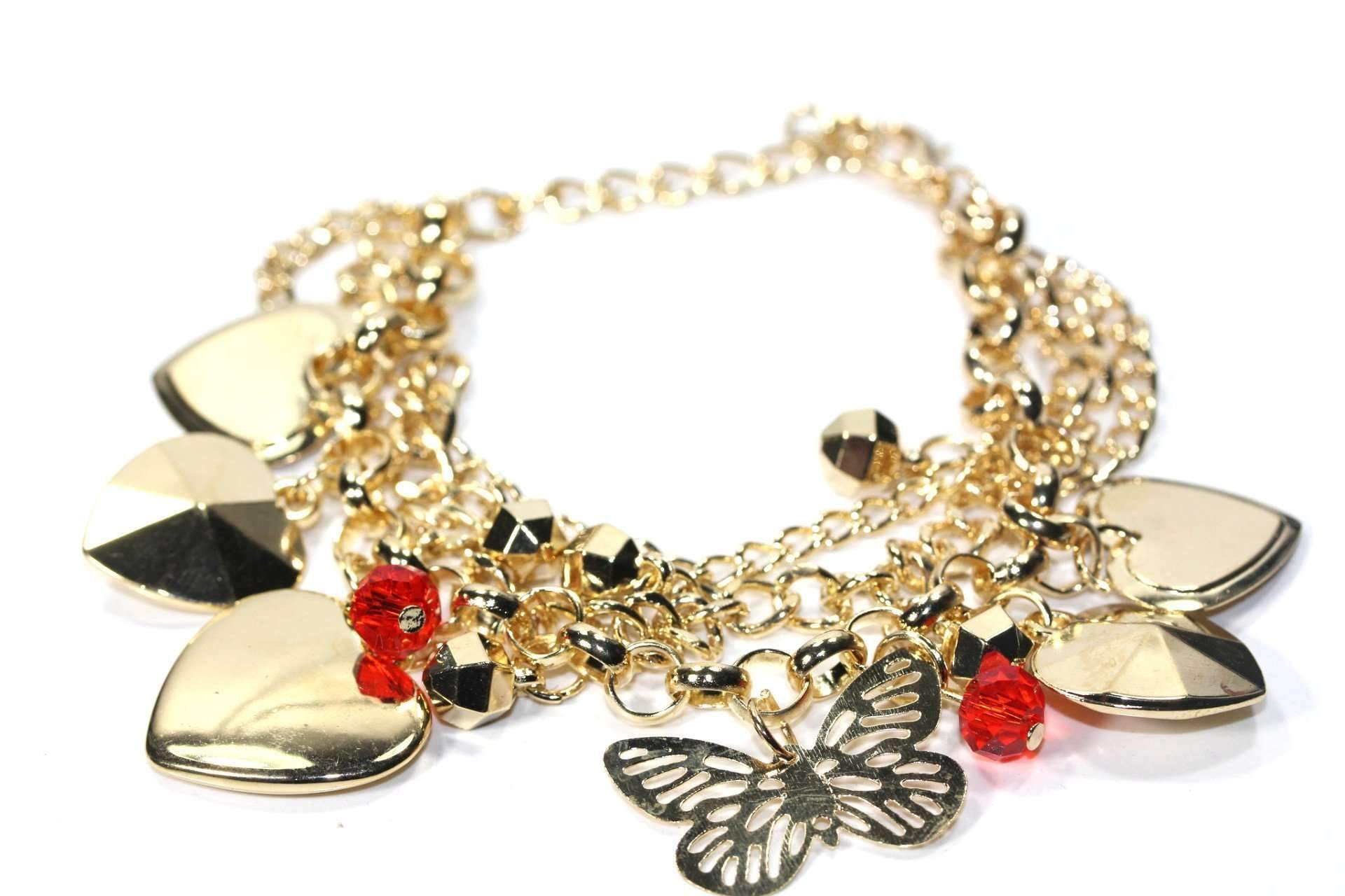 Lovely Hearts & Butterflies Charm Bracelet featuring gold tone chains, heart and butterfly charms, disco ball beads, and red crystal beads.