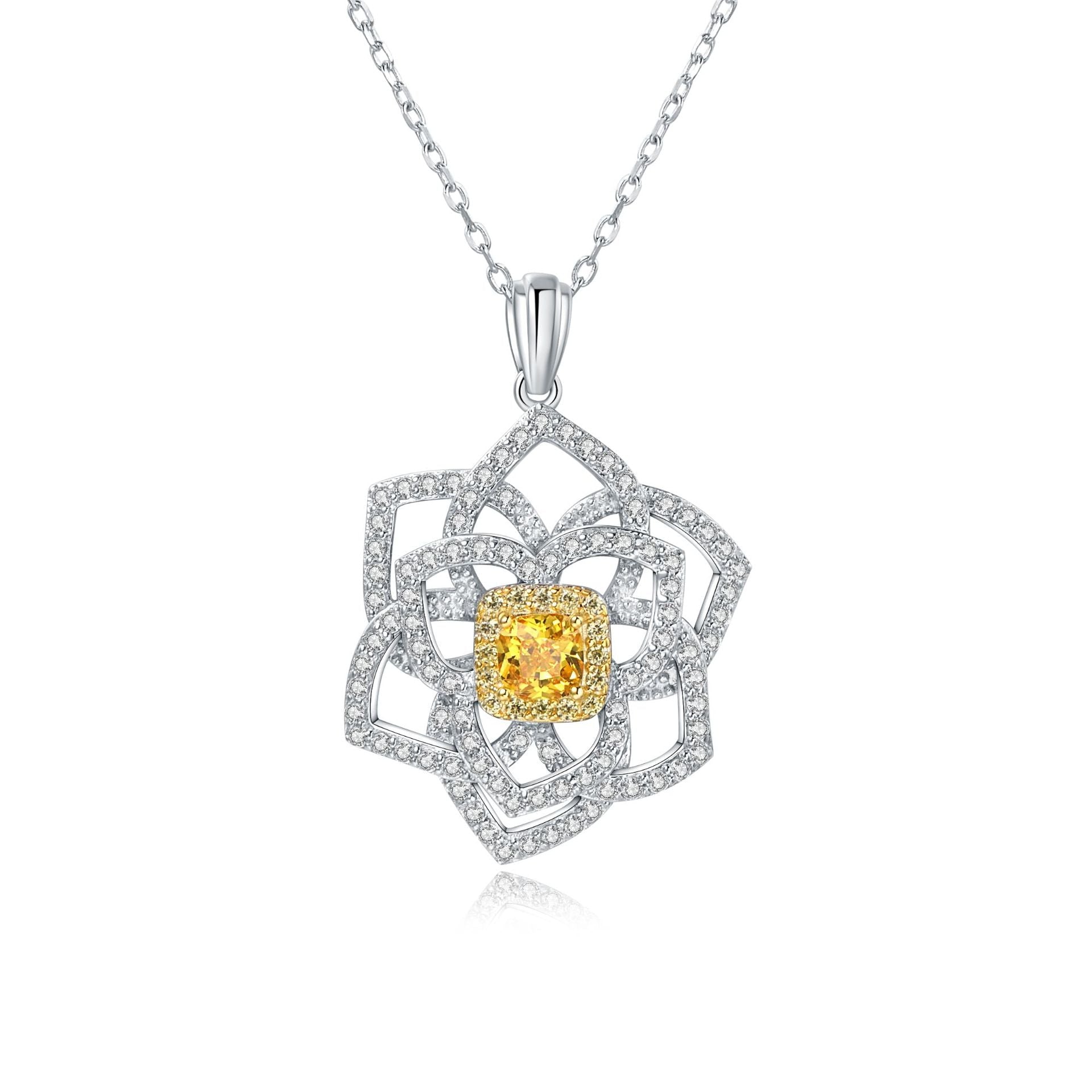 A stunning yellow citrine necklace featuring a flower design, crafted from 925 sterling silver and filled with real white gold.