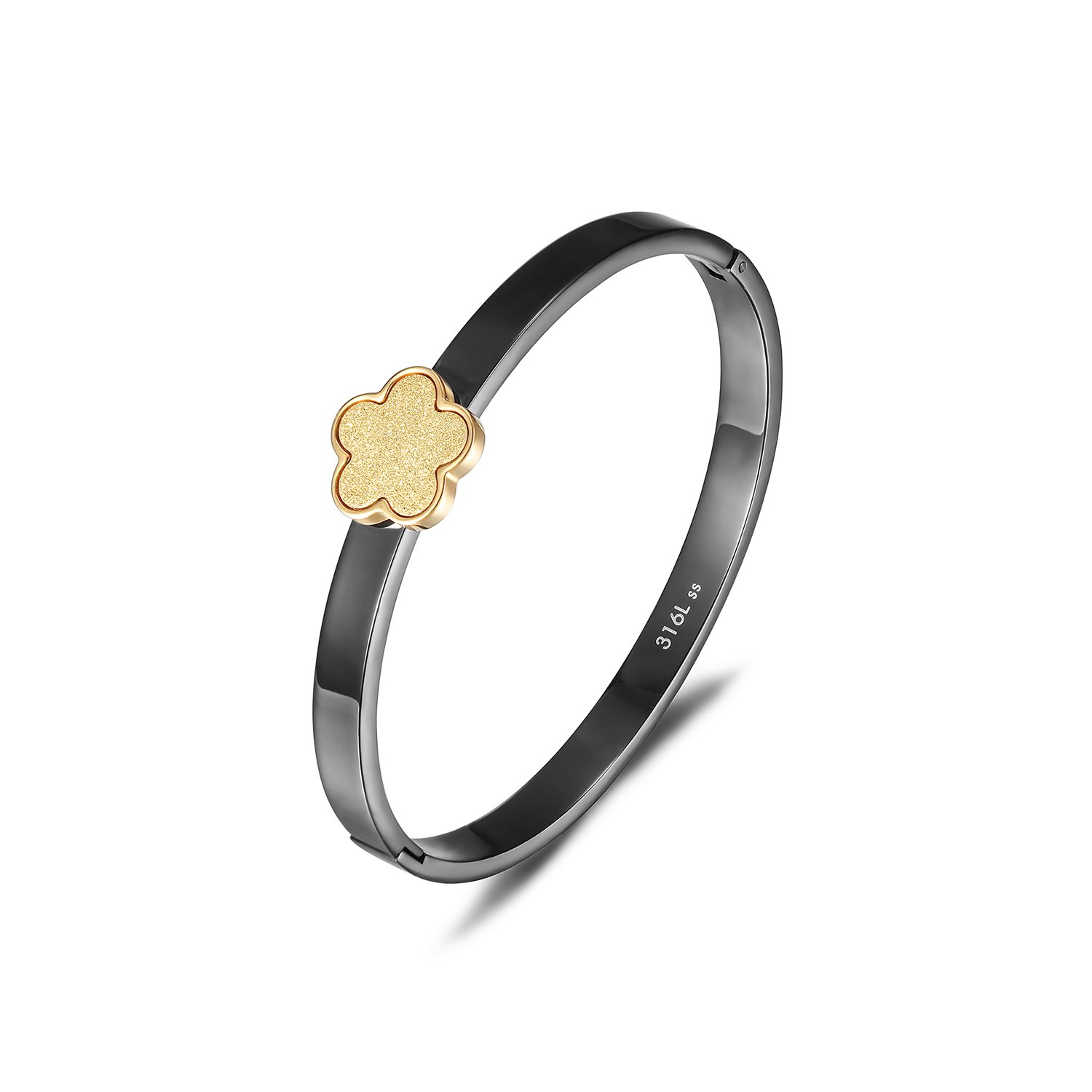 A stylish LUCKY CLOVER BANGLE made of 316L surgical stainless steel with 14K gold PVD plating, showcasing a clover design.