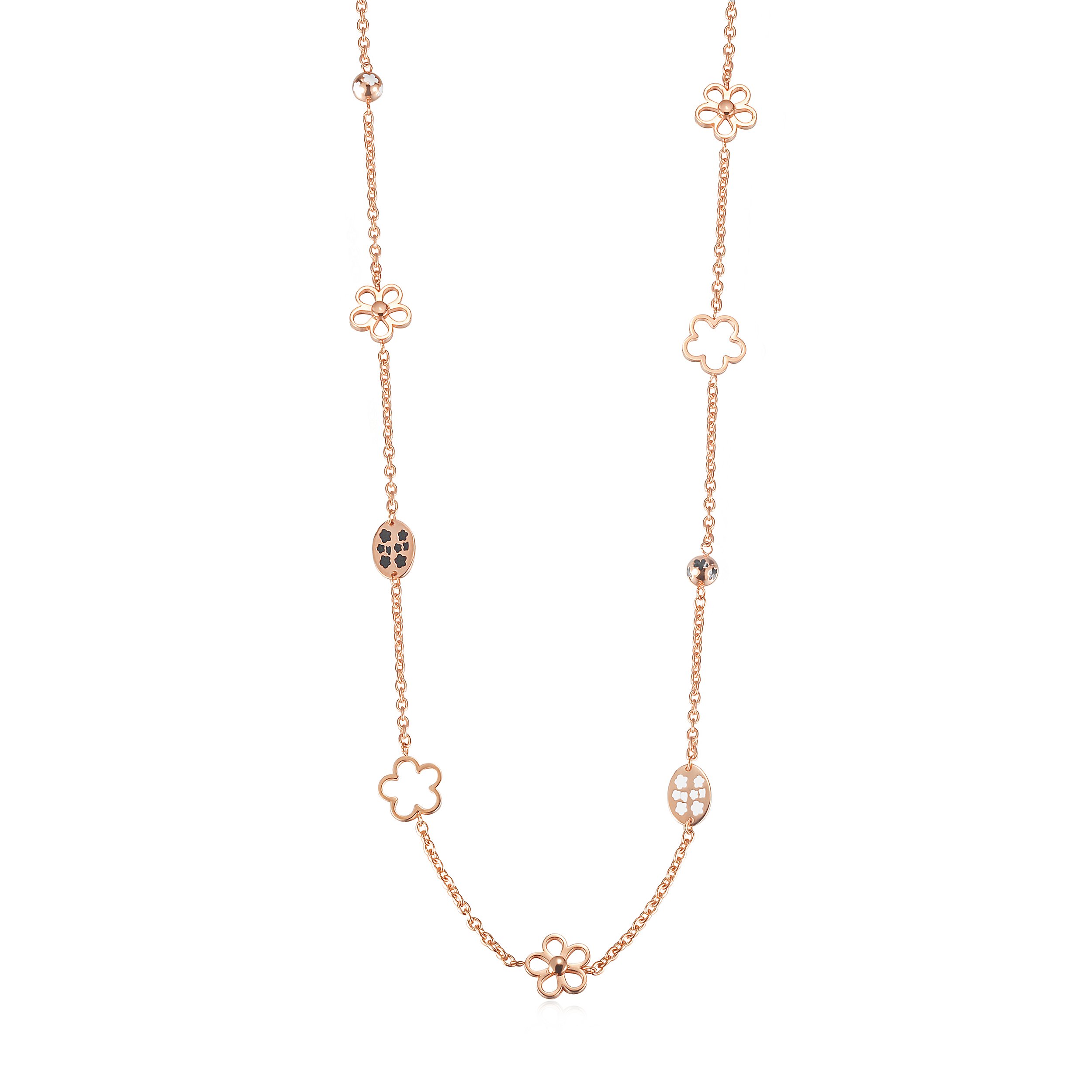 A beautiful LUCKY CLOVER NECKLACE made of 316L surgical stainless steel with 14K gold PVD plating, featuring a clover design.