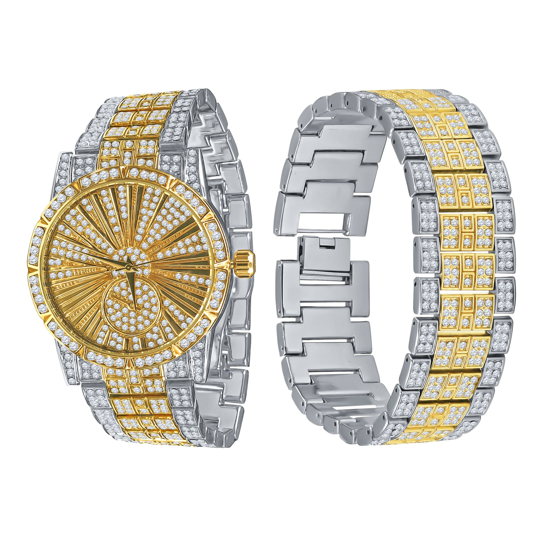 LUXE Roman Indexed Iced Out Watch and Bracelet Set featuring sparkling crystals and luxurious design.