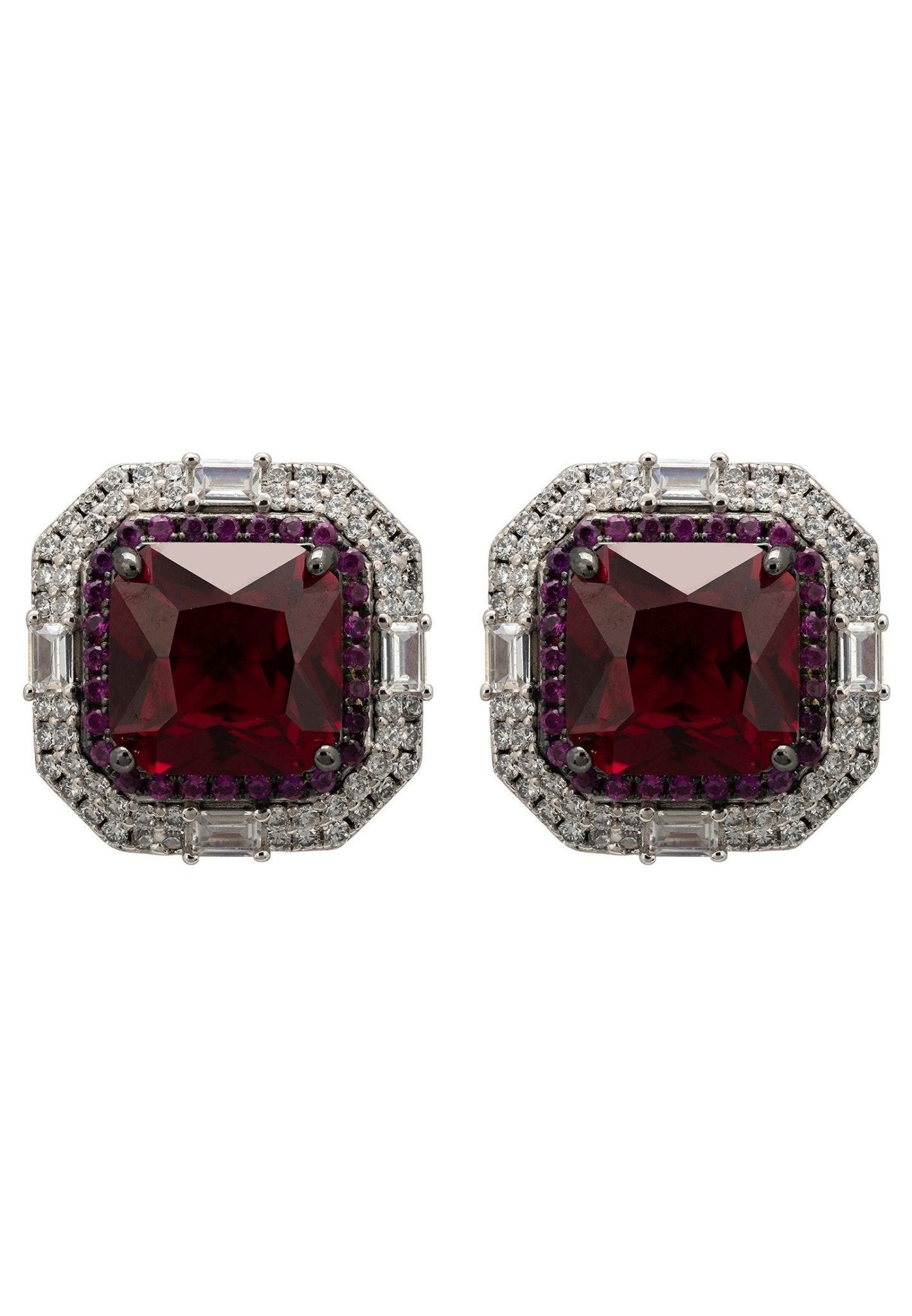 Madeleine Large Stud Earrings in Silver featuring lab-created rubies and cubic zirconia, showcasing a glamorous design.