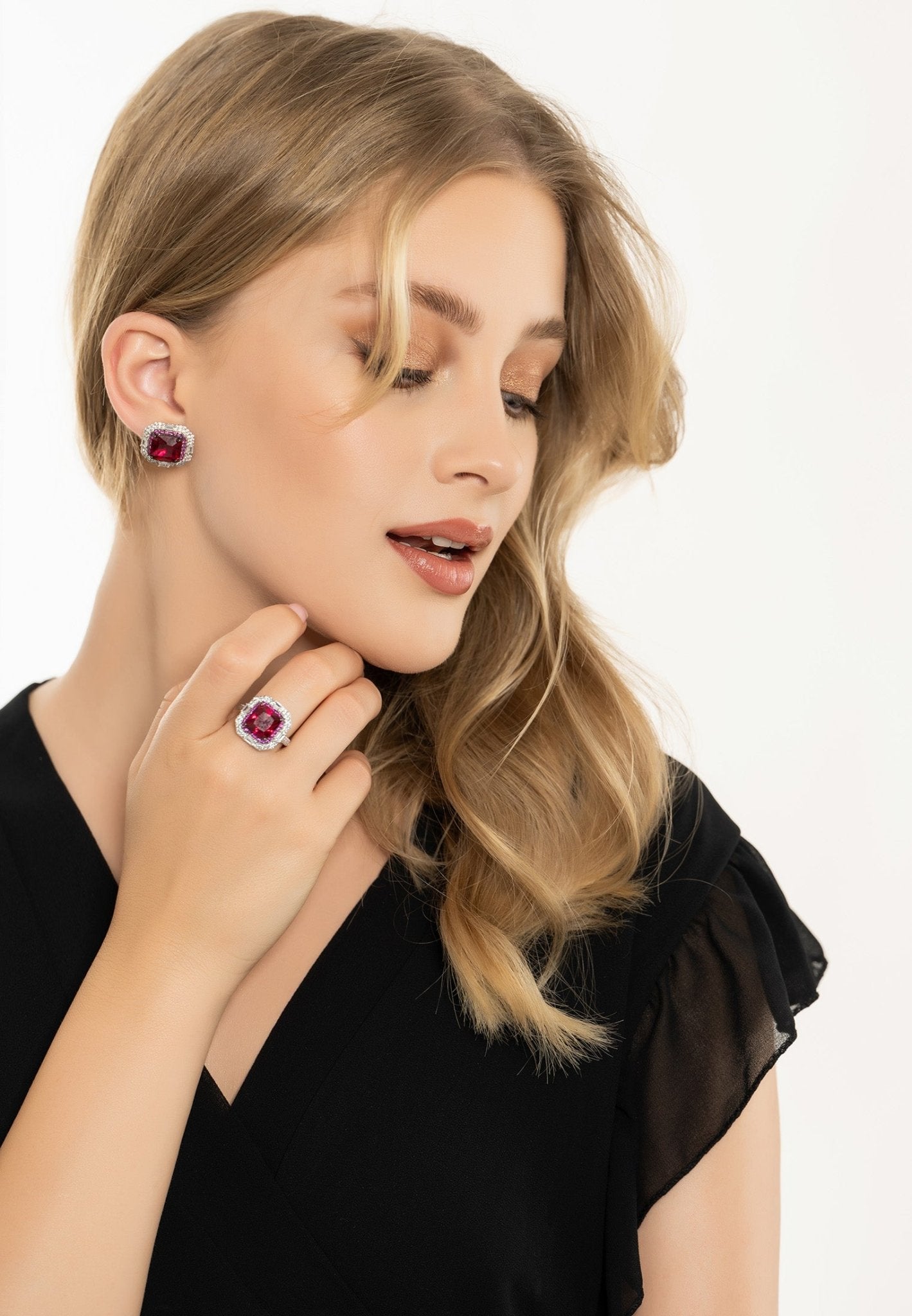 Madeleine Large Stud Earrings in Silver featuring lab-created rubies and cubic zirconia, showcasing a glamorous design.