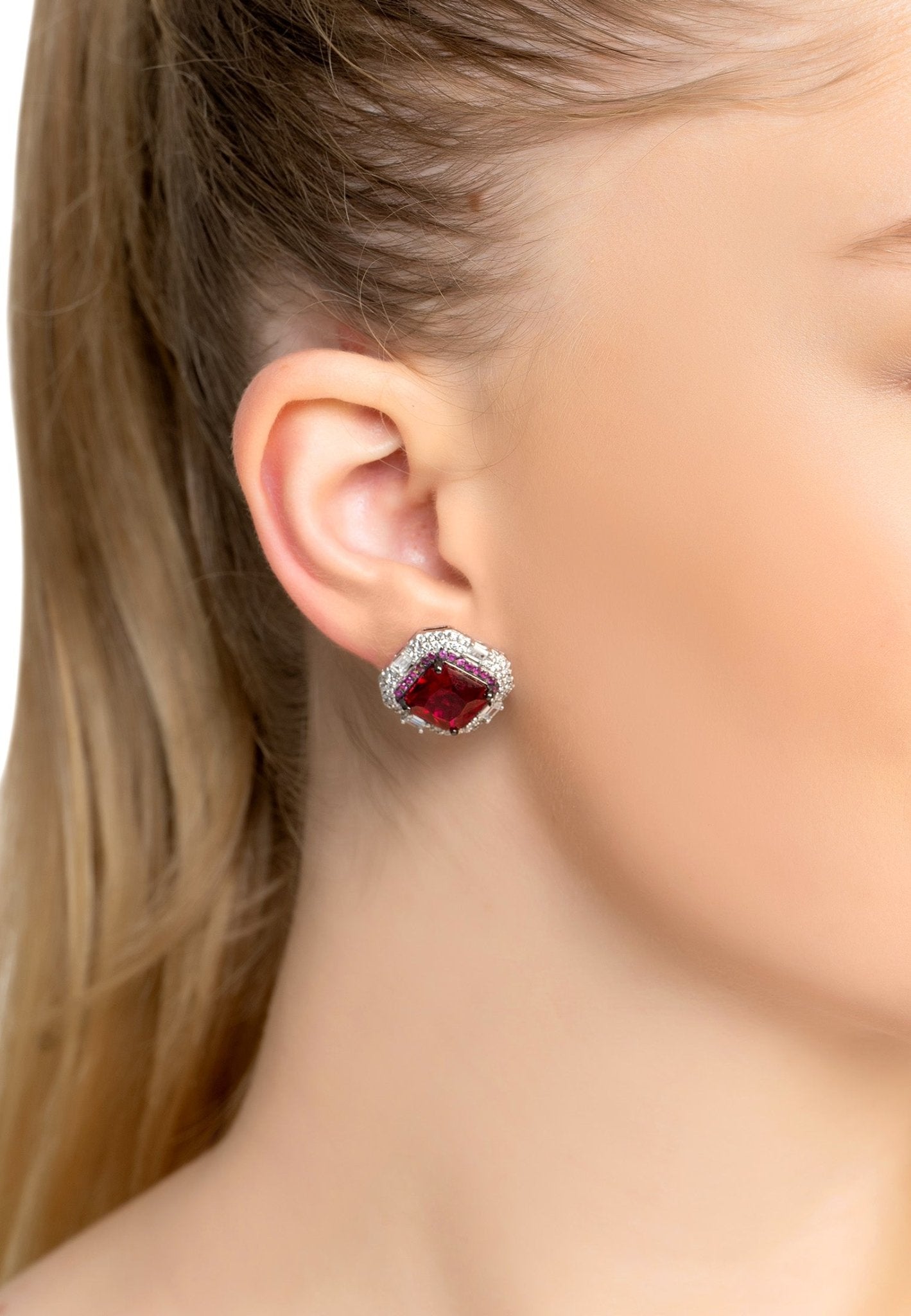 Madeleine Large Stud Earrings in Silver featuring lab-created rubies and cubic zirconia, showcasing a glamorous design.