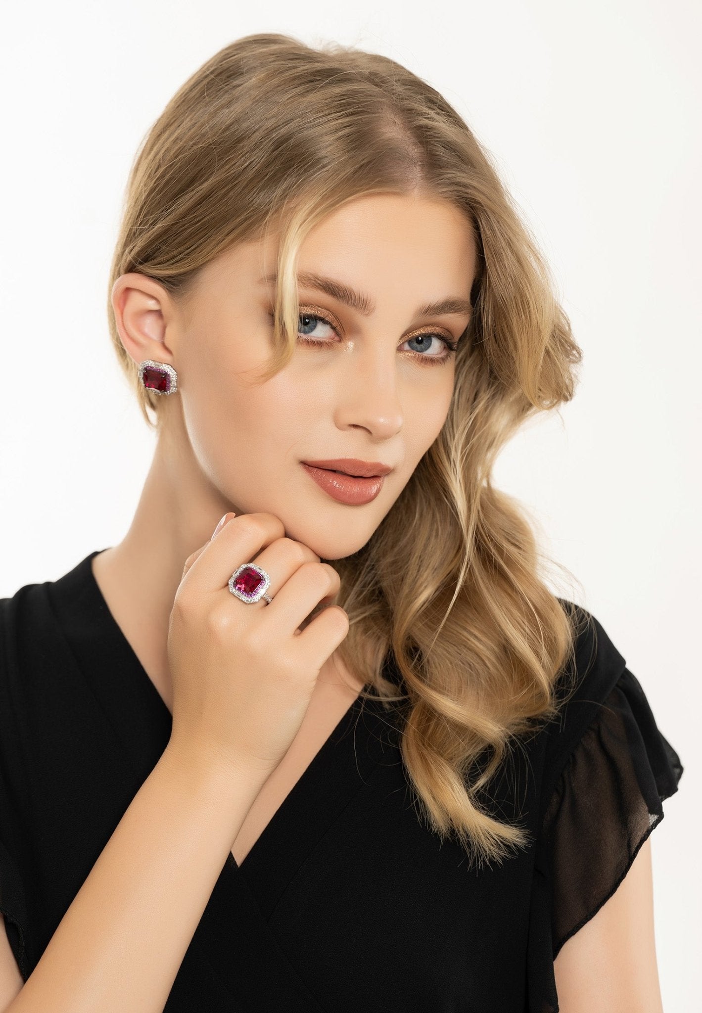 Madeleine Large Stud Earrings in Silver featuring lab-created rubies and cubic zirconia, showcasing a glamorous design.