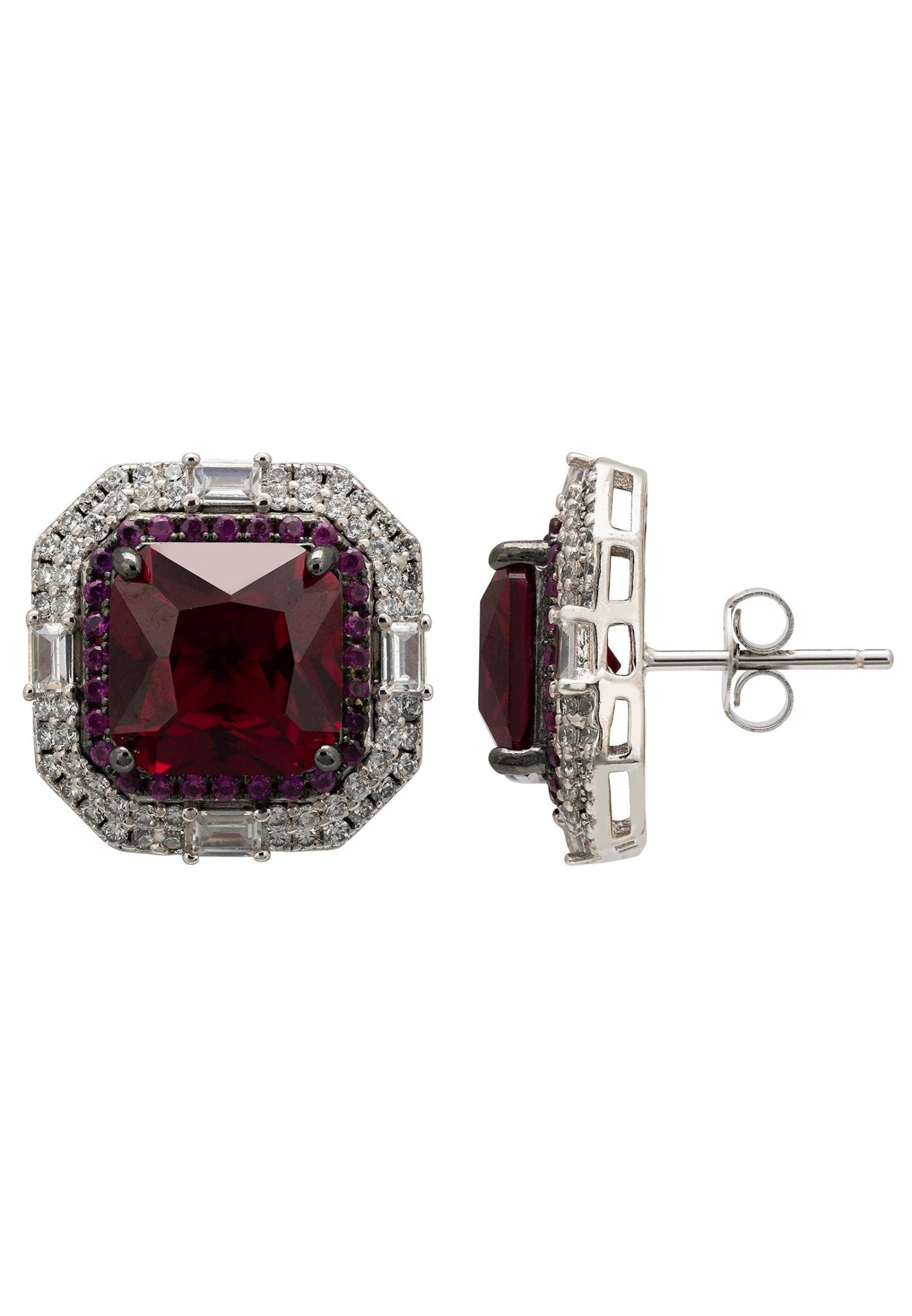 Madeleine Large Stud Earrings in Silver featuring lab-created rubies and cubic zirconia, showcasing a glamorous design.