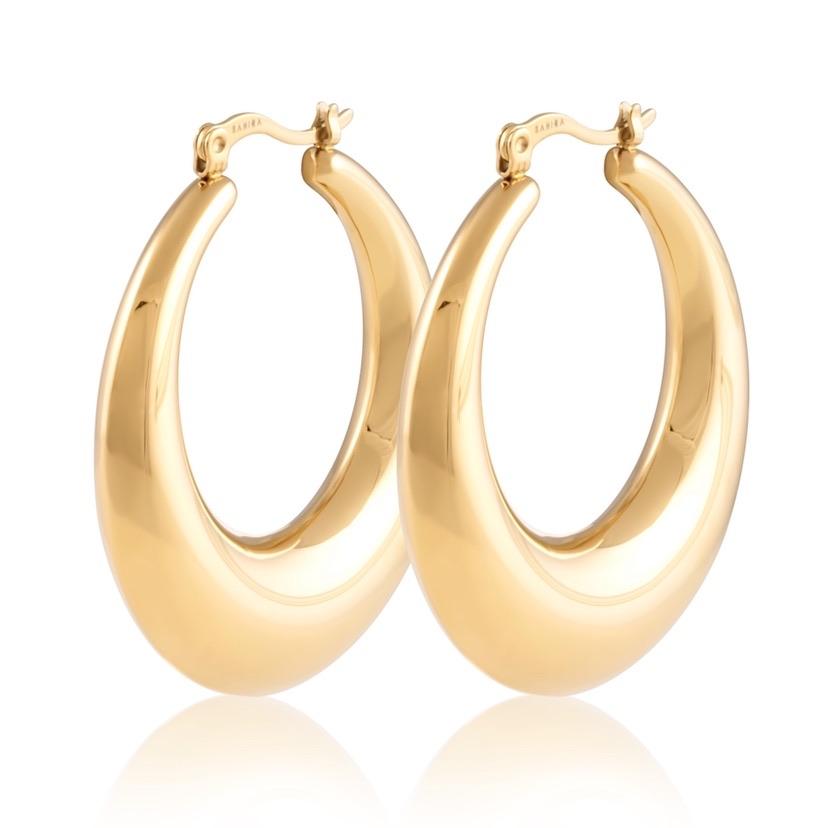 Maddie Hoops - elegant 1.6 inch sculpted hoop earrings with a luxurious 18k gold plated finish.