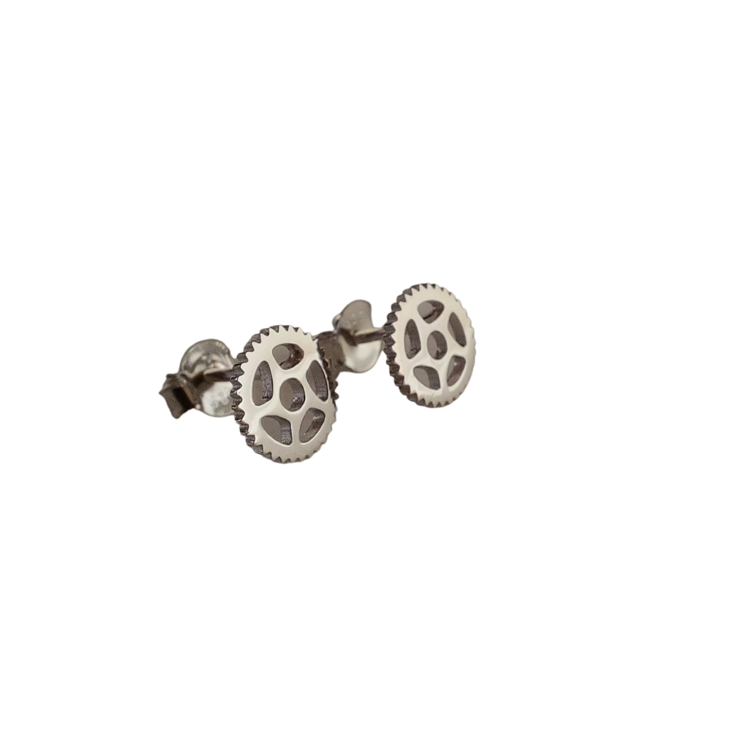 Maeve Bike Chain Ring Stud Earrings in sterling silver with three plated finishes, showcasing their cute and small design.