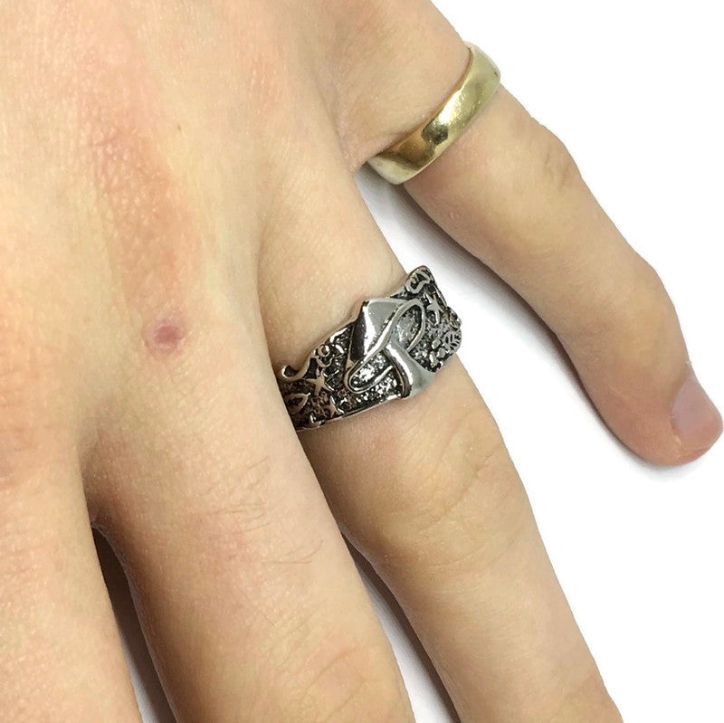 A stylish Magic Mushroom Psychedelic Ring made of sterling silver plated steel alloy, featuring a whimsical mushroom design, perfect for festivals.