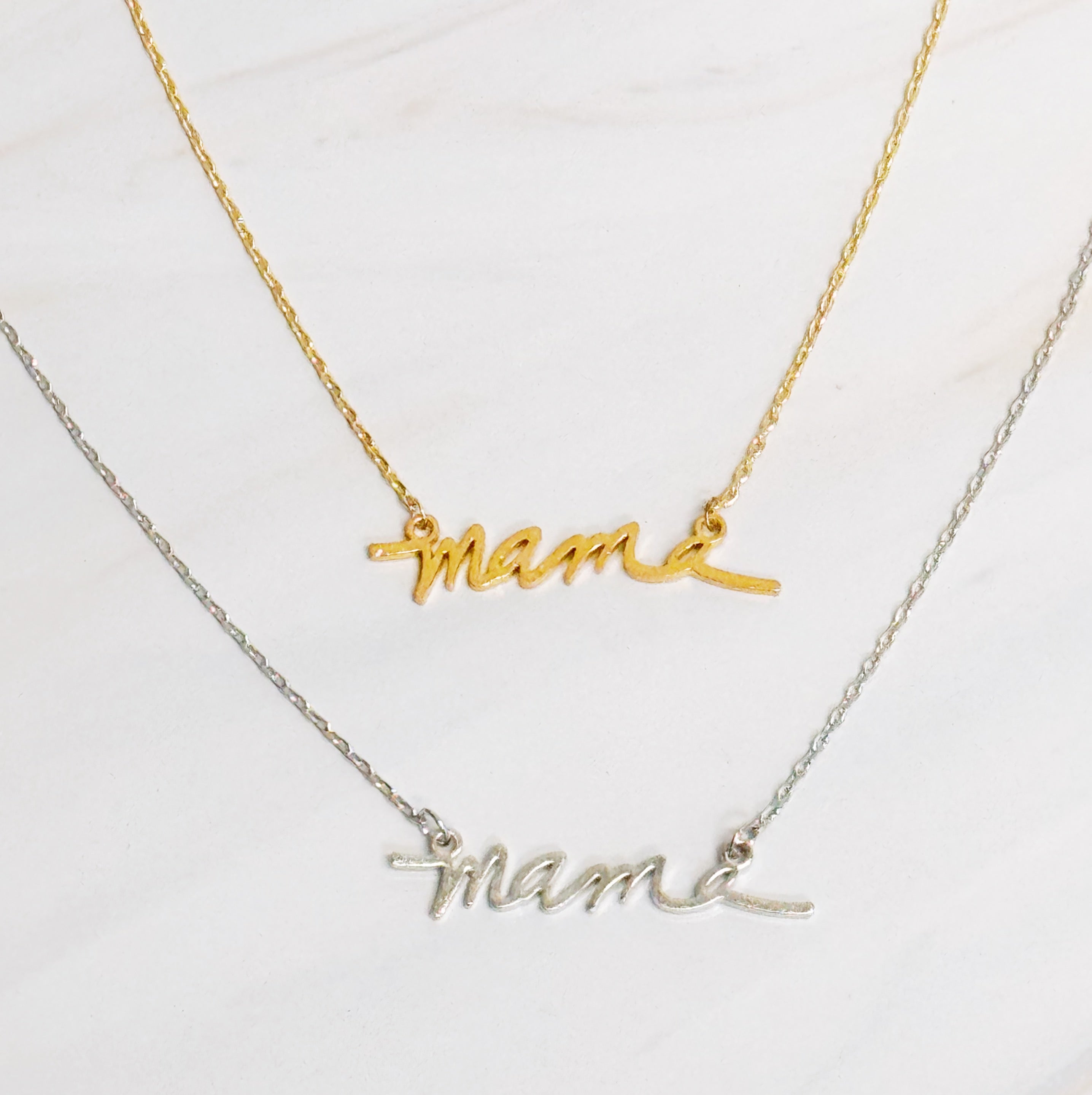 Mama Script Necklace featuring the word 'mama' in elegant script font on a gold chain.