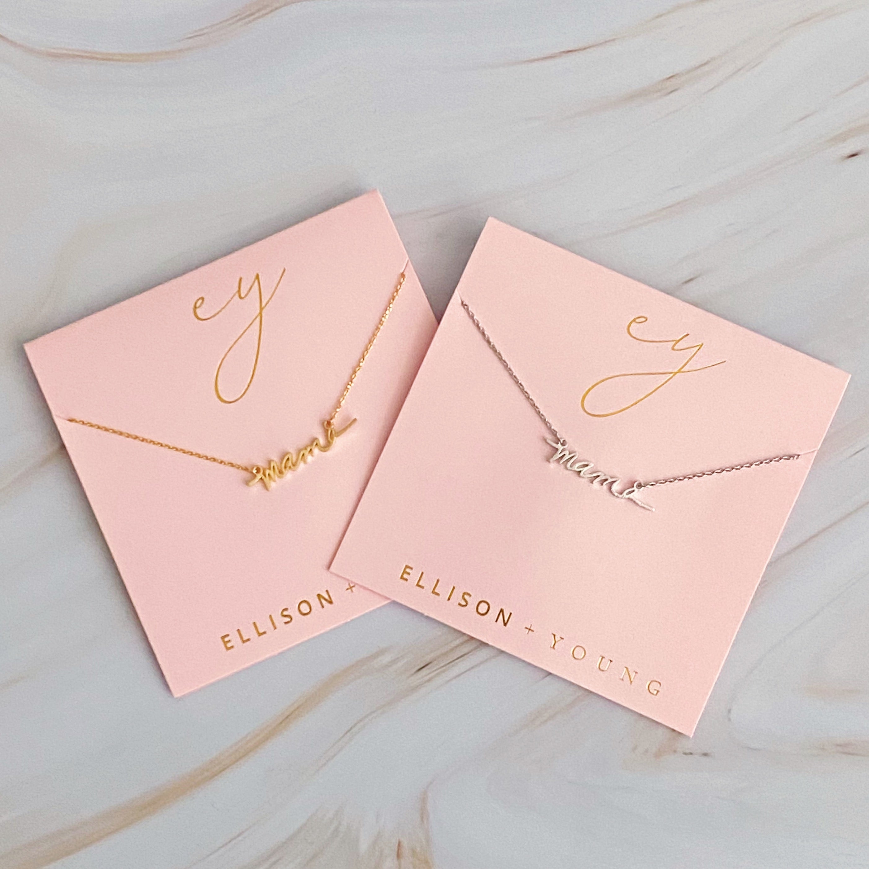 Mama Script Necklace featuring the word 'mama' in elegant script font on a gold chain.