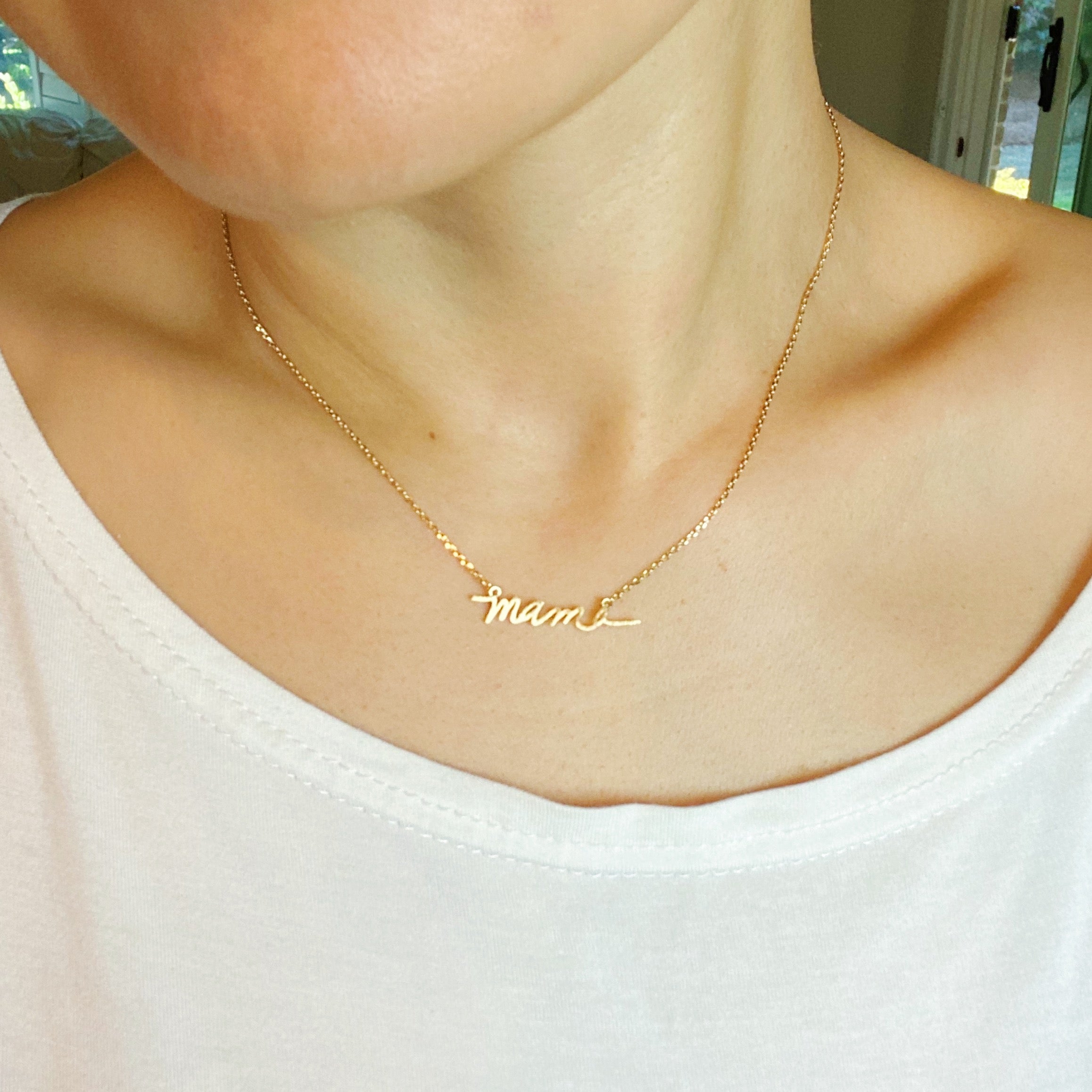 Mama Script Necklace featuring the word 'mama' in elegant script font on a gold chain.