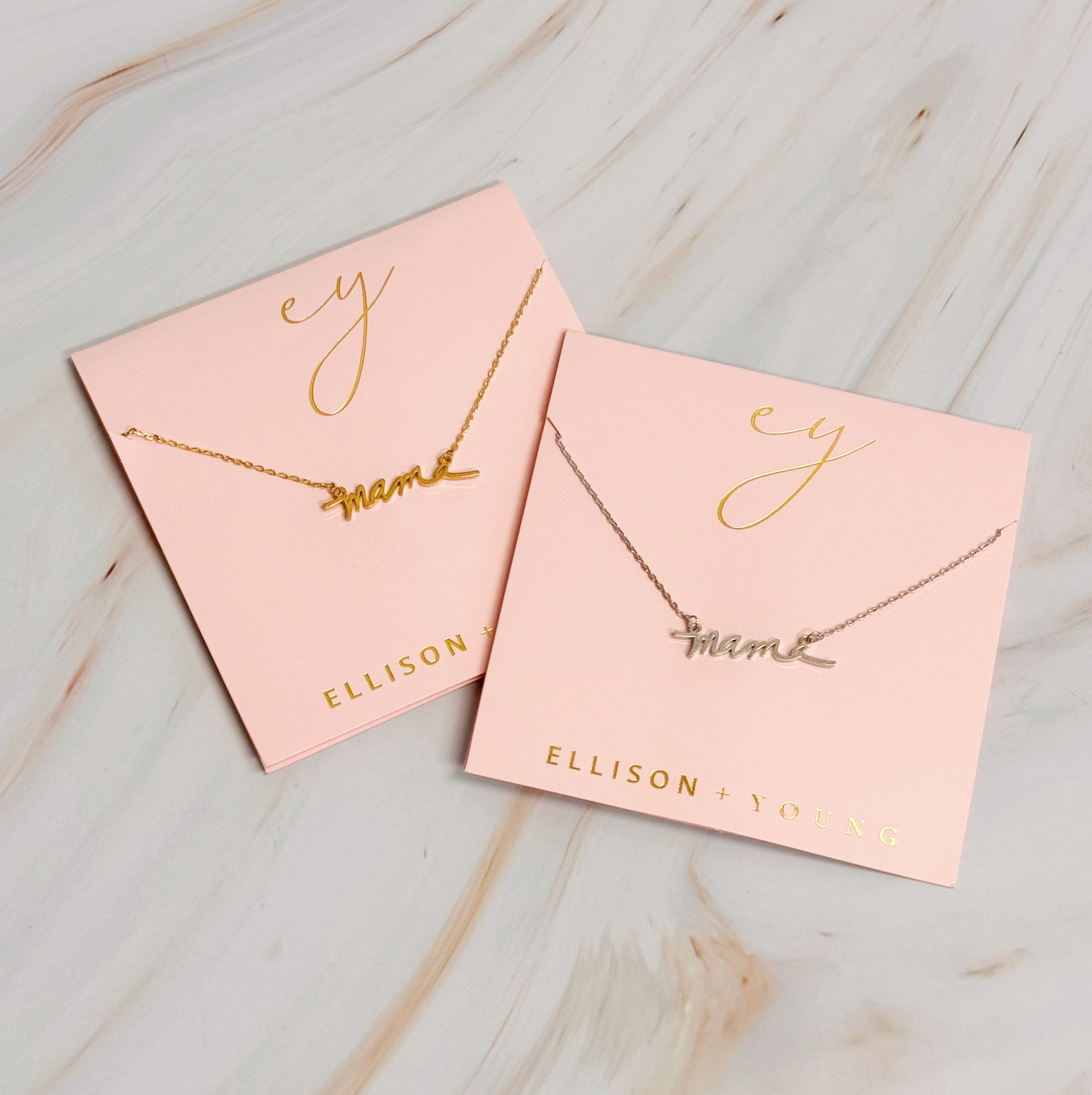 Mama Script Necklace featuring the word 'mama' in elegant script font on a gold chain.