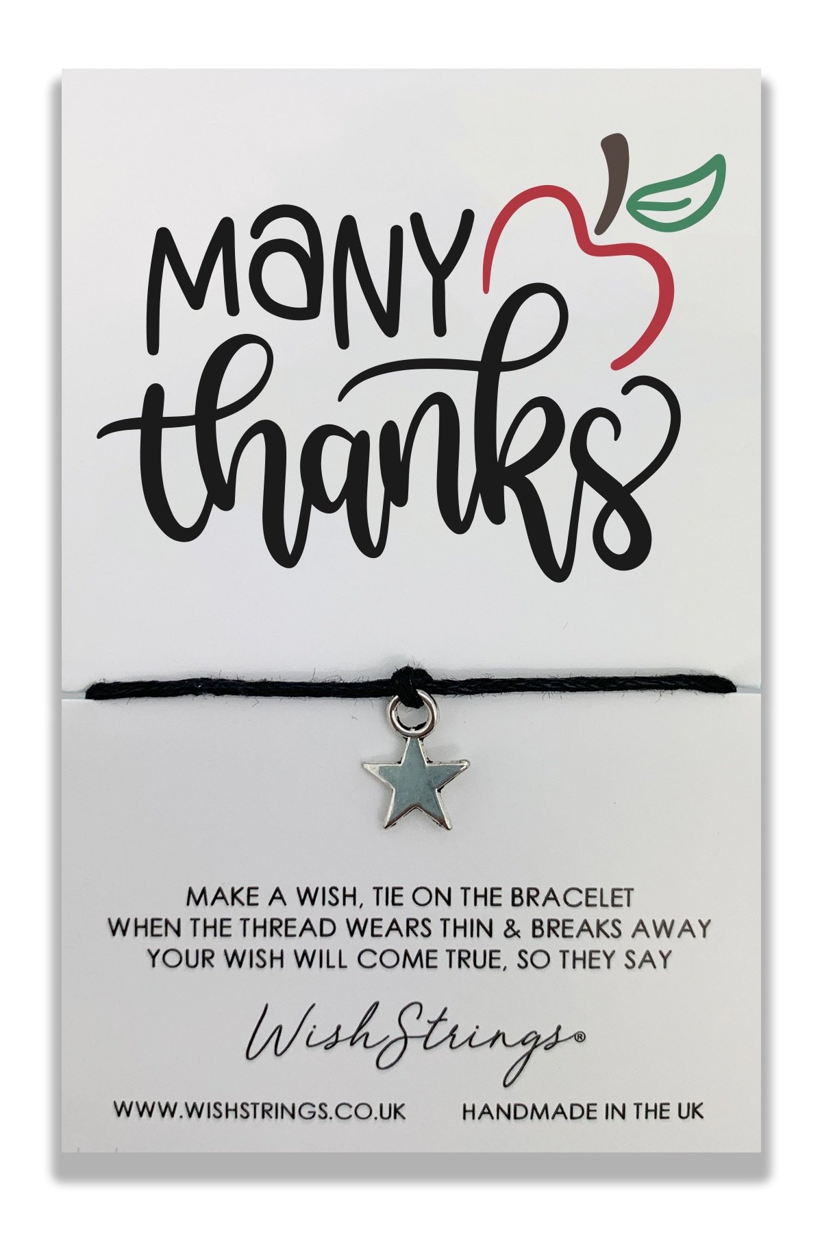 MANY THANKS WishStrings Wish Bracelet featuring a Tibetan Silver charm on waxed cotton cord, beautifully presented on a luxury display card.