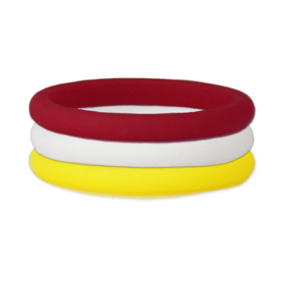 A stackable silicone ring in maroon, yellow, and white, showcasing its vibrant colors and 3mm height.