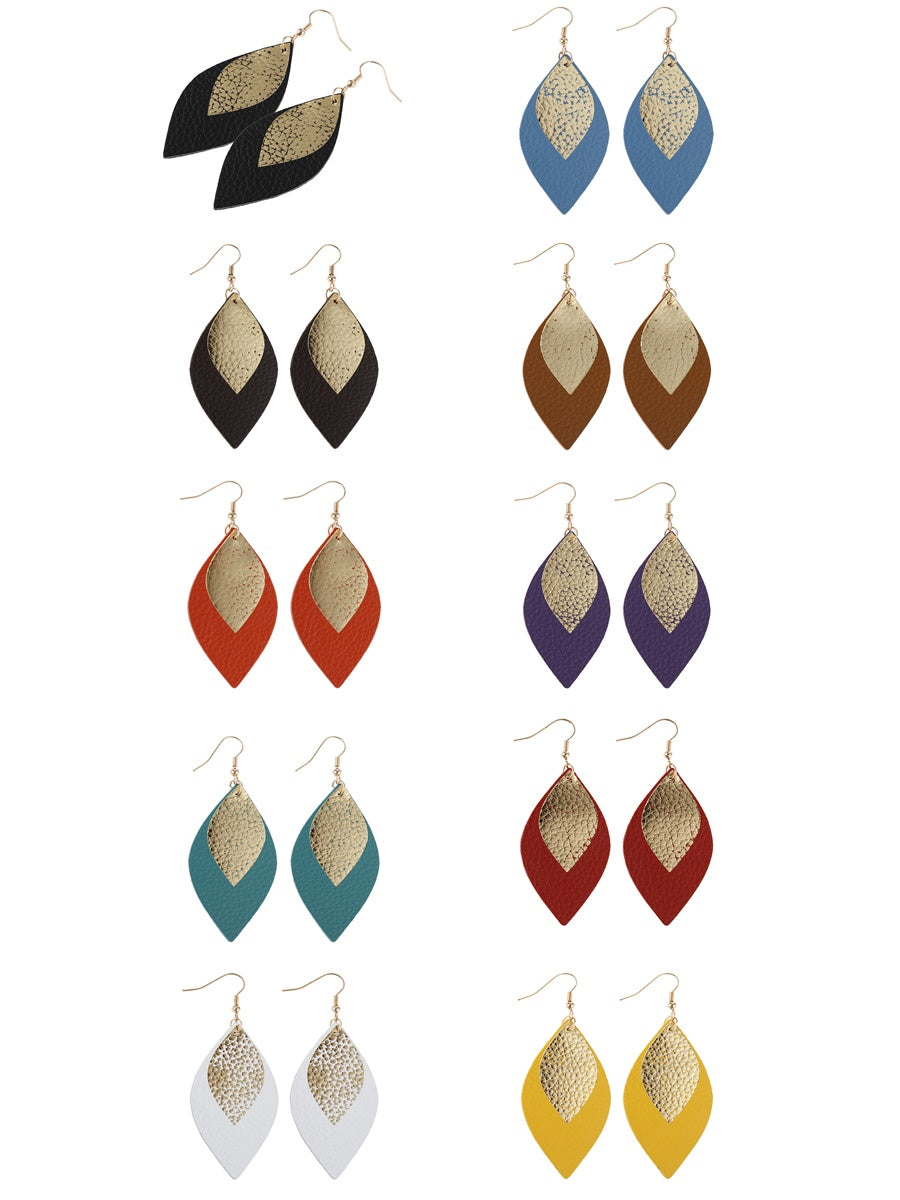 Marquise Gold Leather Layered Drop Fish Hook Dangle Earrings featuring a stylish layered design in gold and leather.