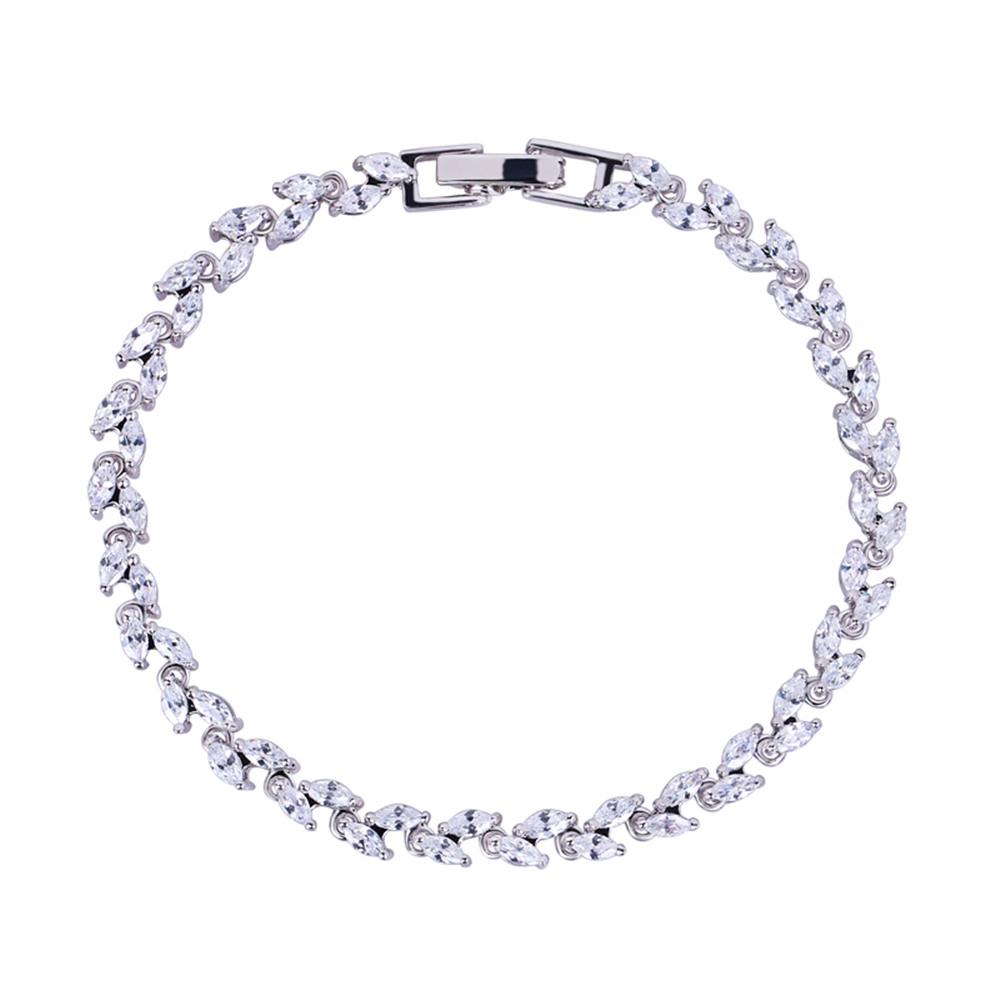 Elegant marquise leaf tennis bracelet in 18k white gold with sparkling white diamond cubic zirconia stones, showcasing a luxurious design.