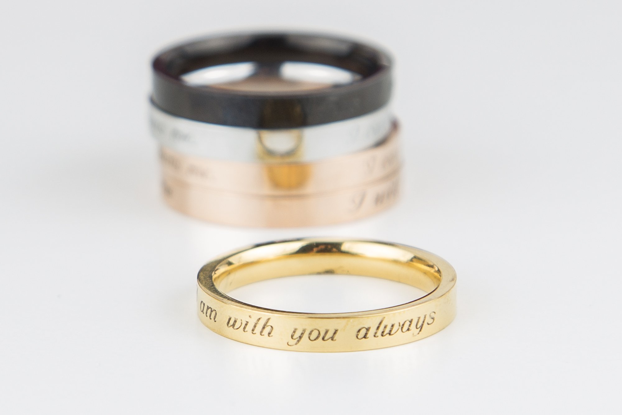 Matthew 28:20 Ring in gold finish, engraved with 'Behold, I am with you always', showcasing its delicate design and scripture significance.