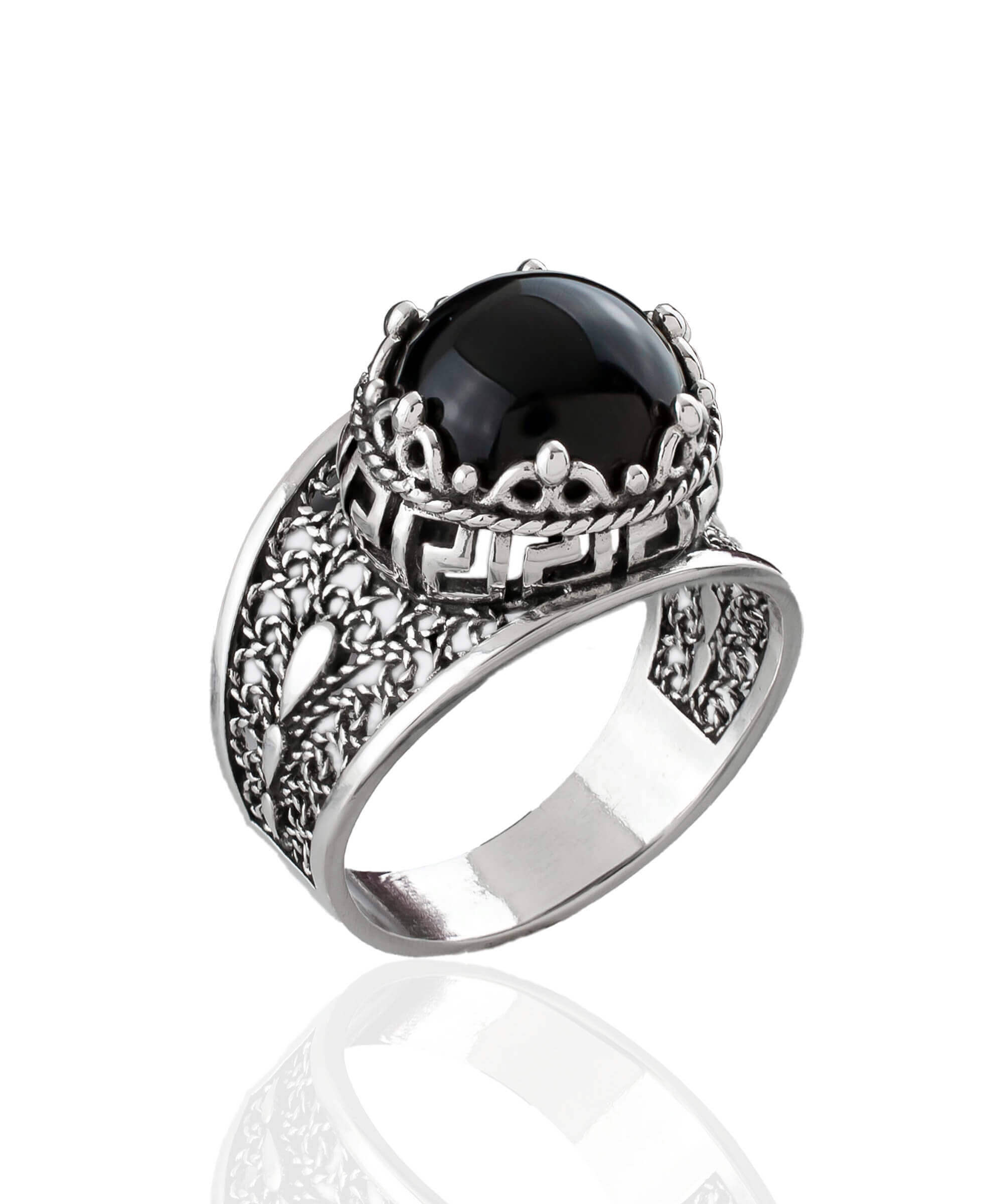 Elegant Meander Pattern Filigree Art Silver Cocktail Ring featuring a round-cut black onyx gemstone, beautifully crafted for women.