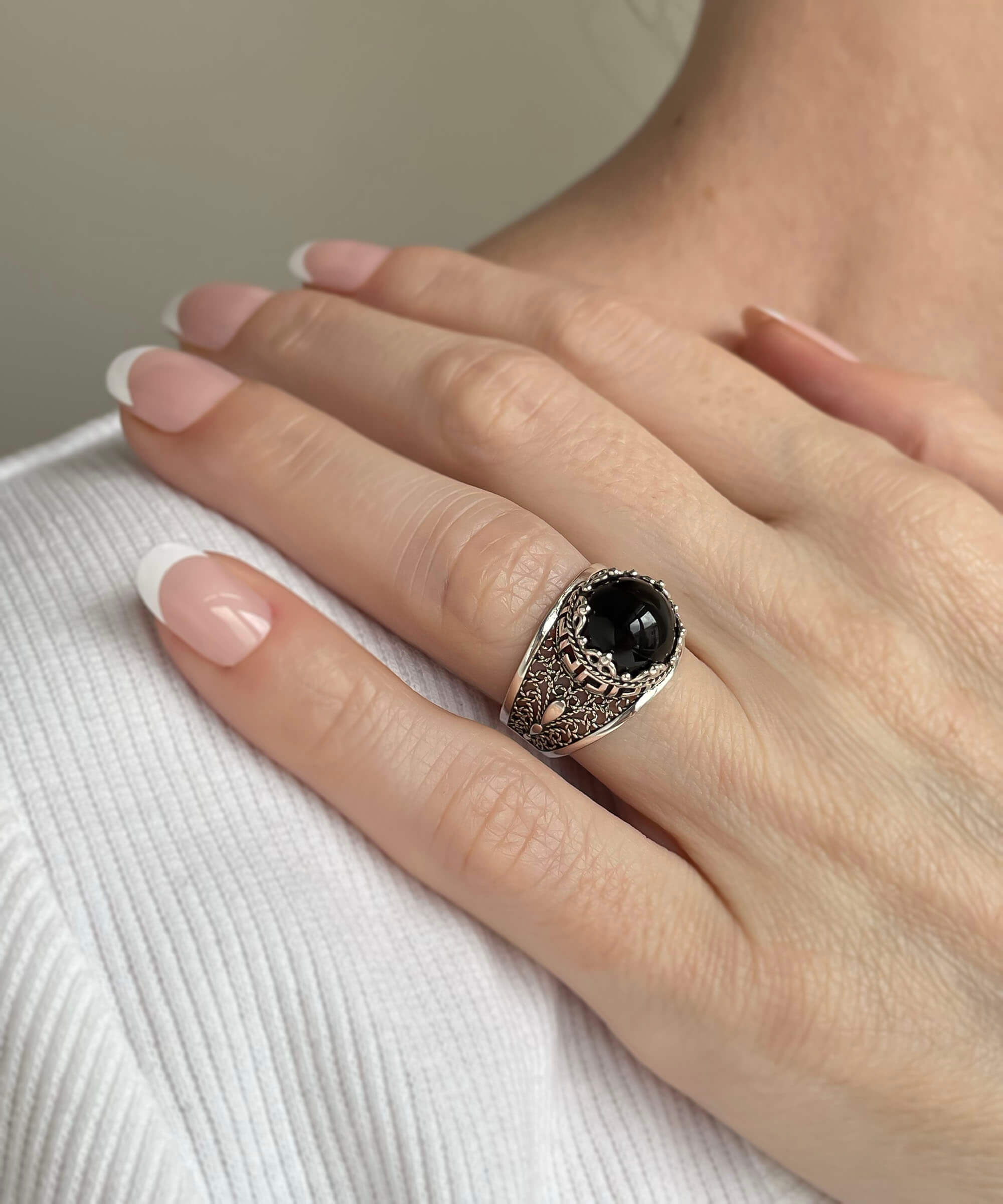 Elegant Meander Pattern Filigree Art Silver Cocktail Ring featuring a round-cut black onyx gemstone, beautifully crafted for women.