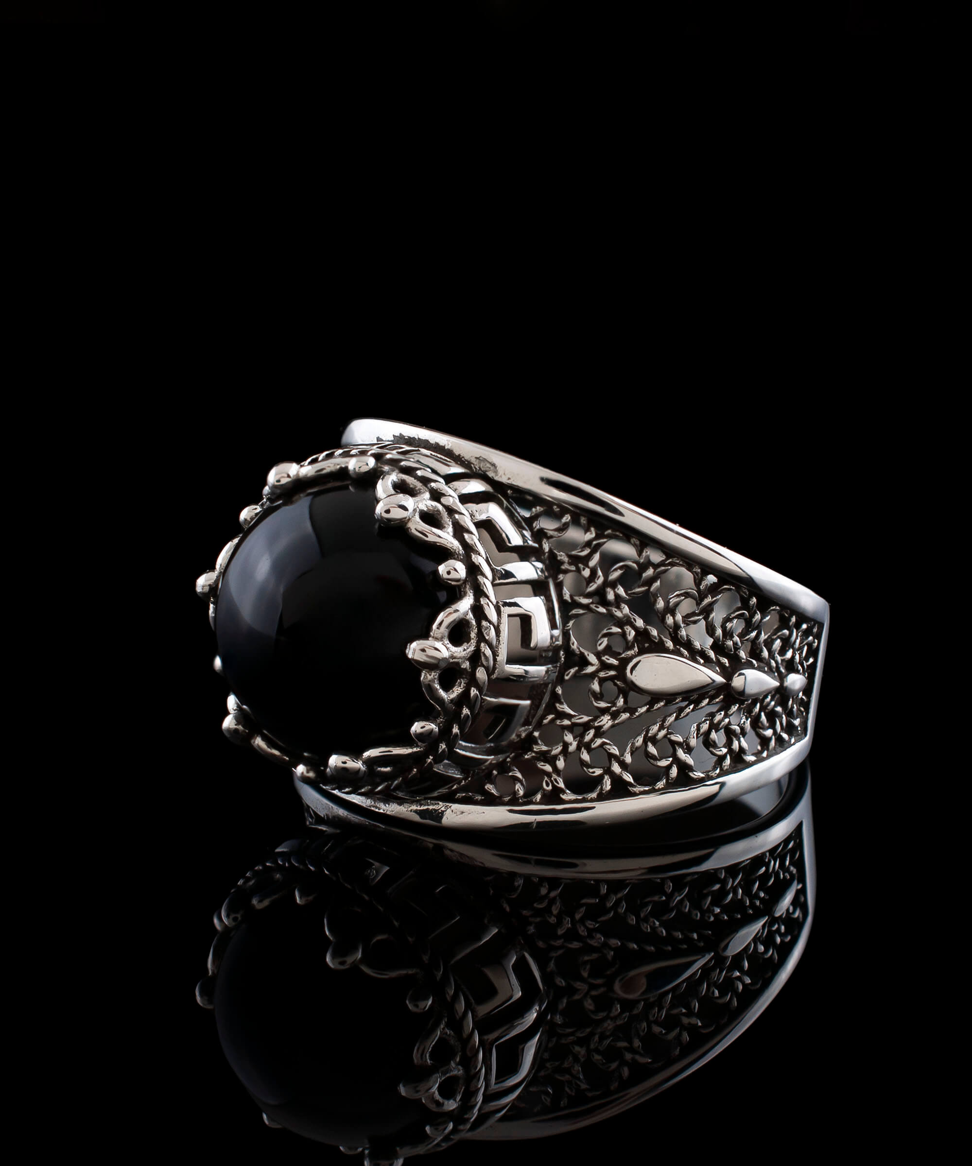 Elegant Meander Pattern Filigree Art Silver Cocktail Ring featuring a round-cut black onyx gemstone, beautifully crafted for women.