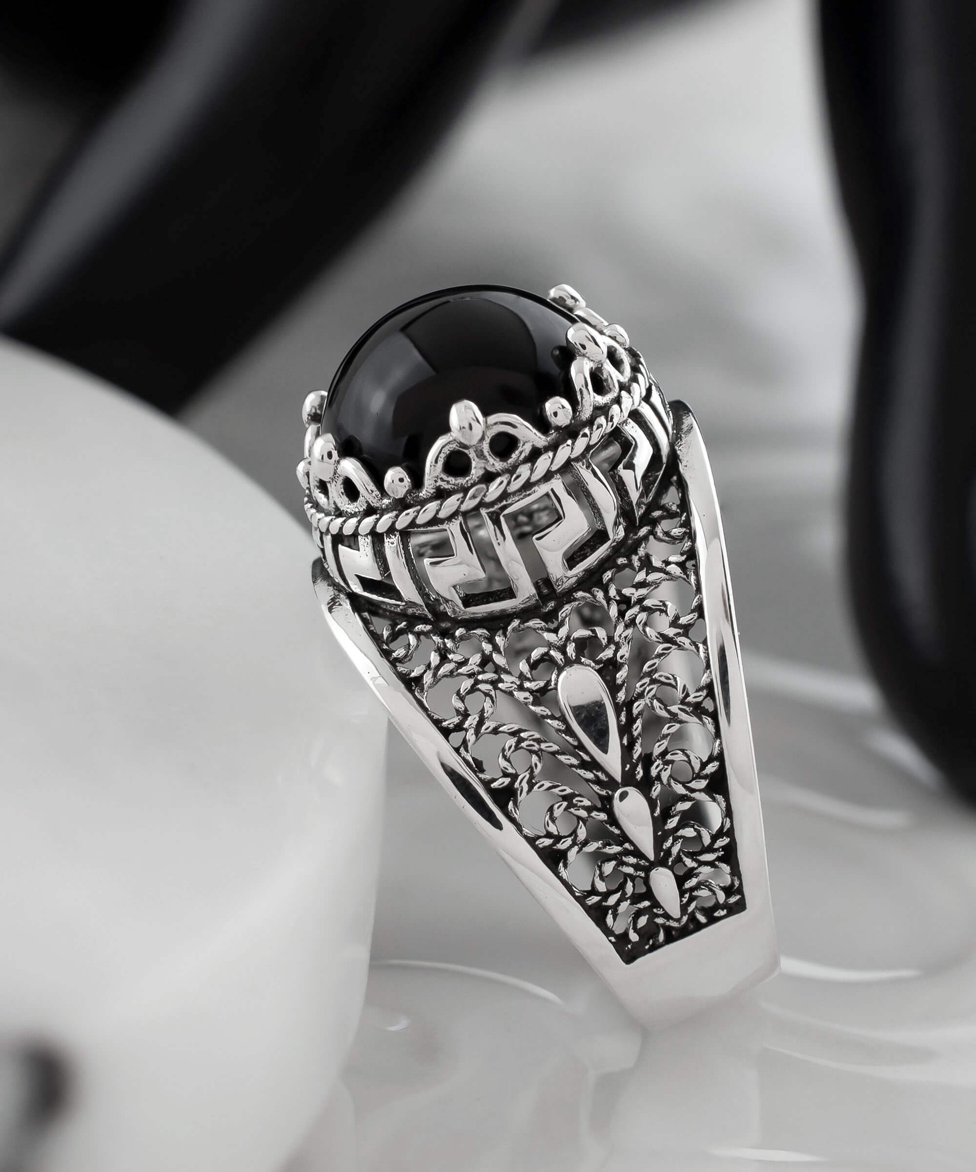 Elegant Meander Pattern Filigree Art Silver Cocktail Ring featuring a round-cut black onyx gemstone, beautifully crafted for women.