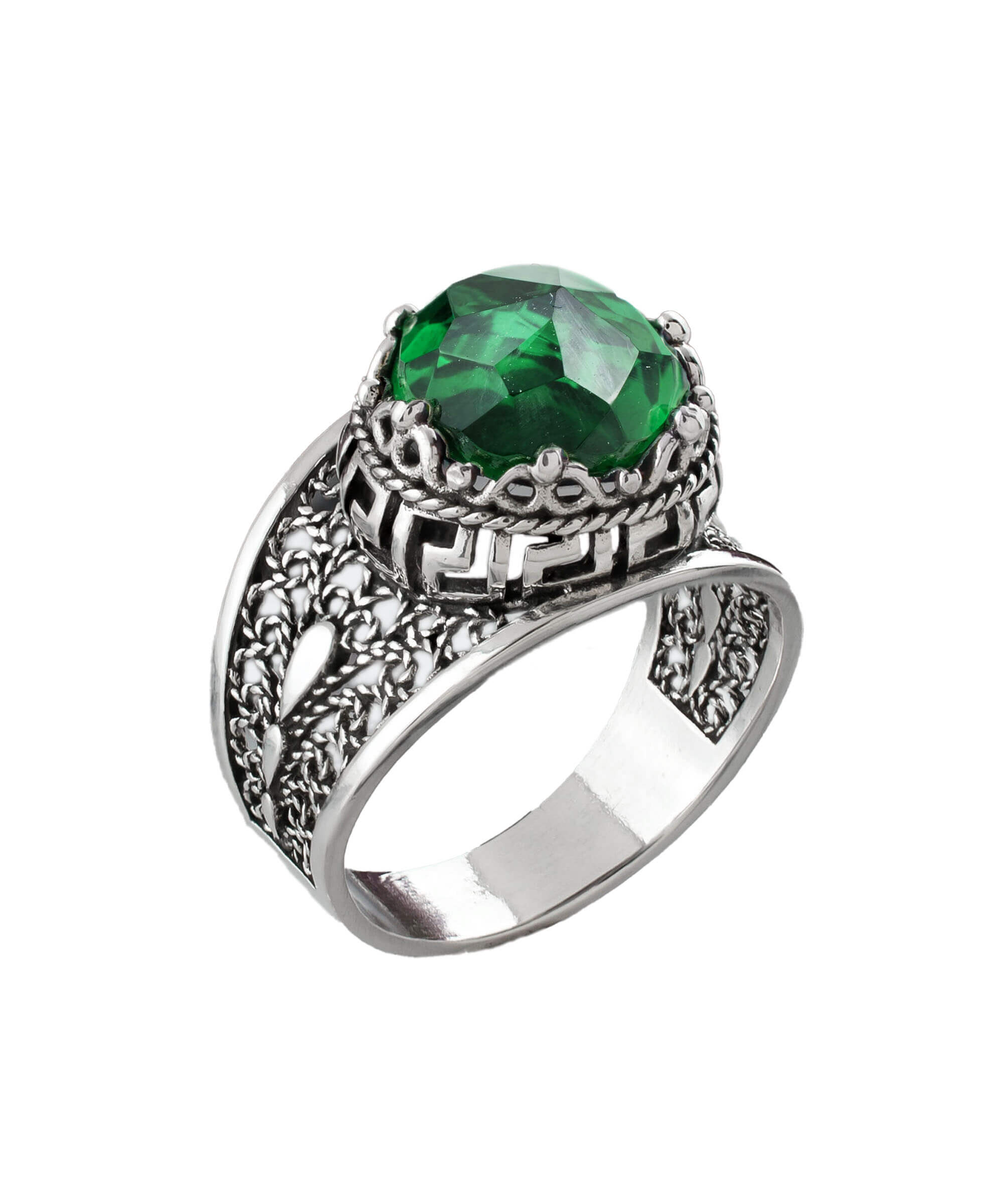 Meander Pattern Filigree Art Peridot Gemstone Cocktail Ring in 925 sterling silver, showcasing intricate lace design and vibrant green peridot stone.