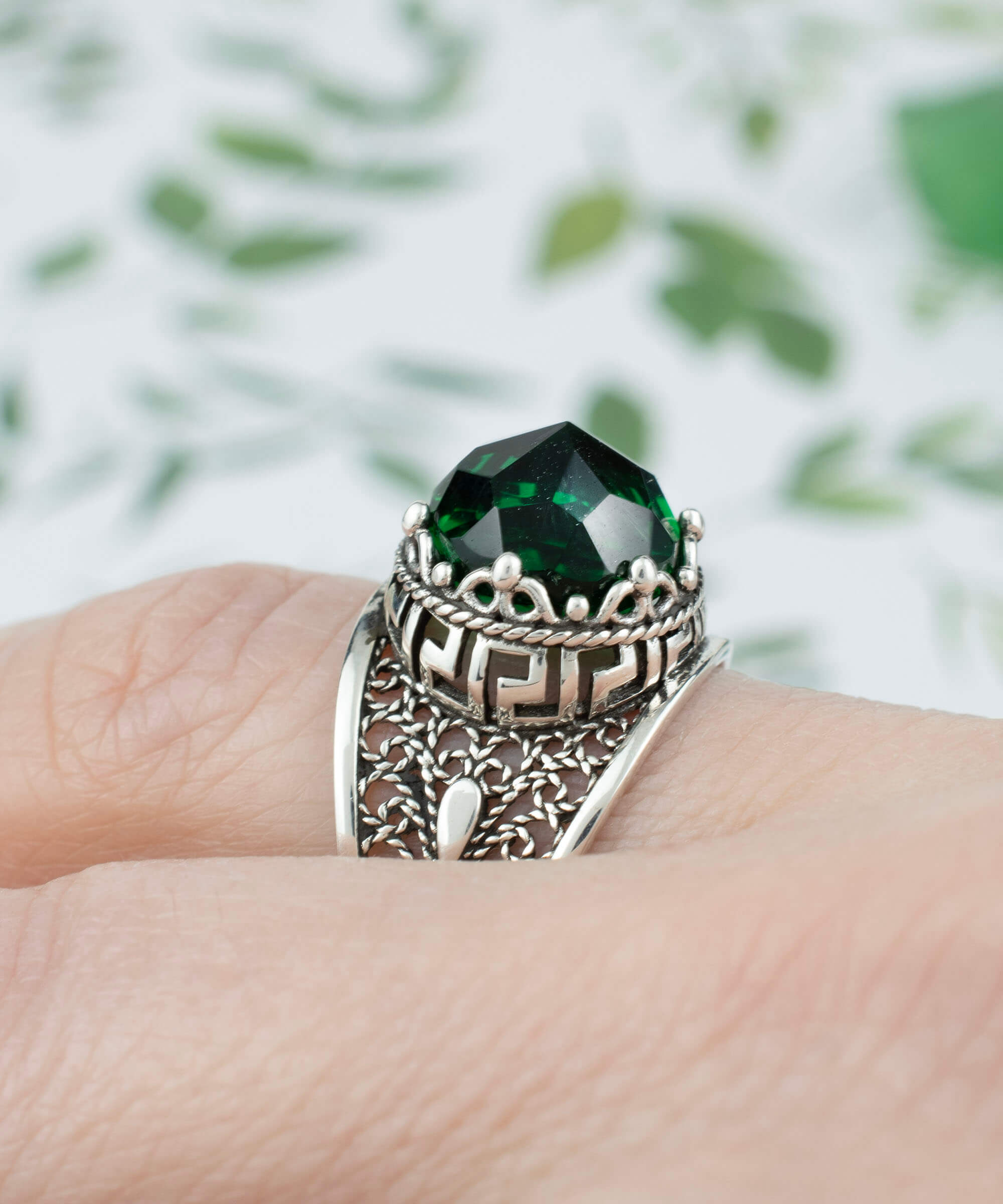 Meander Pattern Filigree Art Peridot Gemstone Cocktail Ring in 925 sterling silver, showcasing intricate lace design and vibrant green peridot stone.