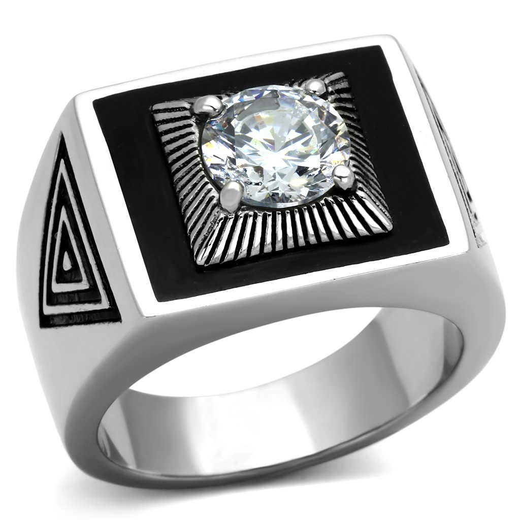 Men's stainless steel ring featuring clear cubic zirconia stones with a high-polished finish.