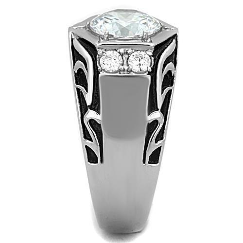 Men's stainless steel ring featuring clear cubic zirconia stones with a high-polished finish, showcasing elegance and durability.