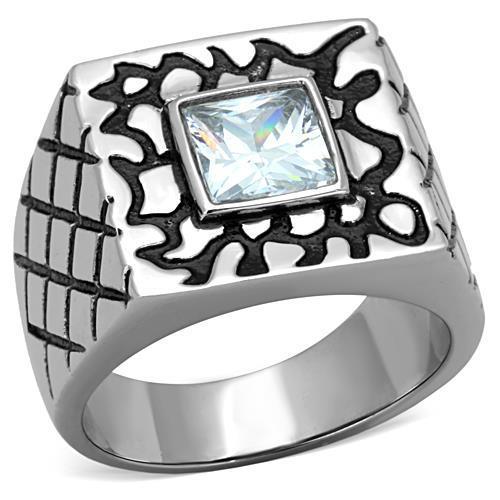Men's stainless steel ring featuring clear cubic zirconia stones, high polished finish, elegant and durable design.