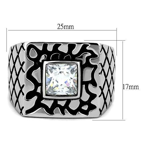Men's stainless steel ring featuring clear cubic zirconia stones, high polished finish, elegant and durable design.