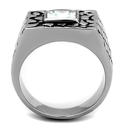 Men's stainless steel ring featuring clear cubic zirconia stones, high polished finish, elegant and durable design.