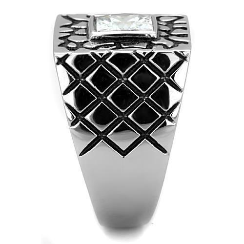Men's stainless steel ring featuring clear cubic zirconia stones, high polished finish, elegant and durable design.