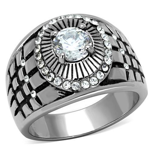 Men's stainless steel ring featuring clear cubic zirconia stones, high polished finish for a sleek look.