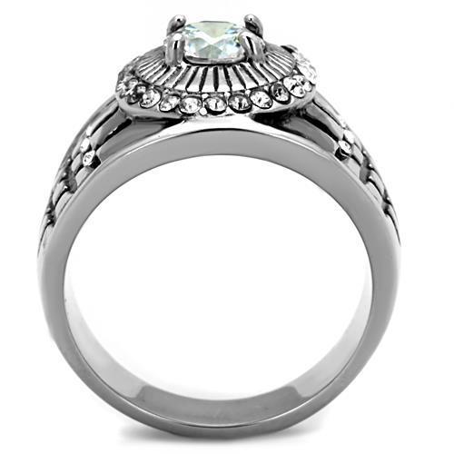 Men's stainless steel ring featuring clear cubic zirconia stones, high polished finish for a sleek look.