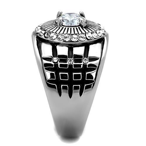 Men's stainless steel ring featuring clear cubic zirconia stones, high polished finish for a sleek look.